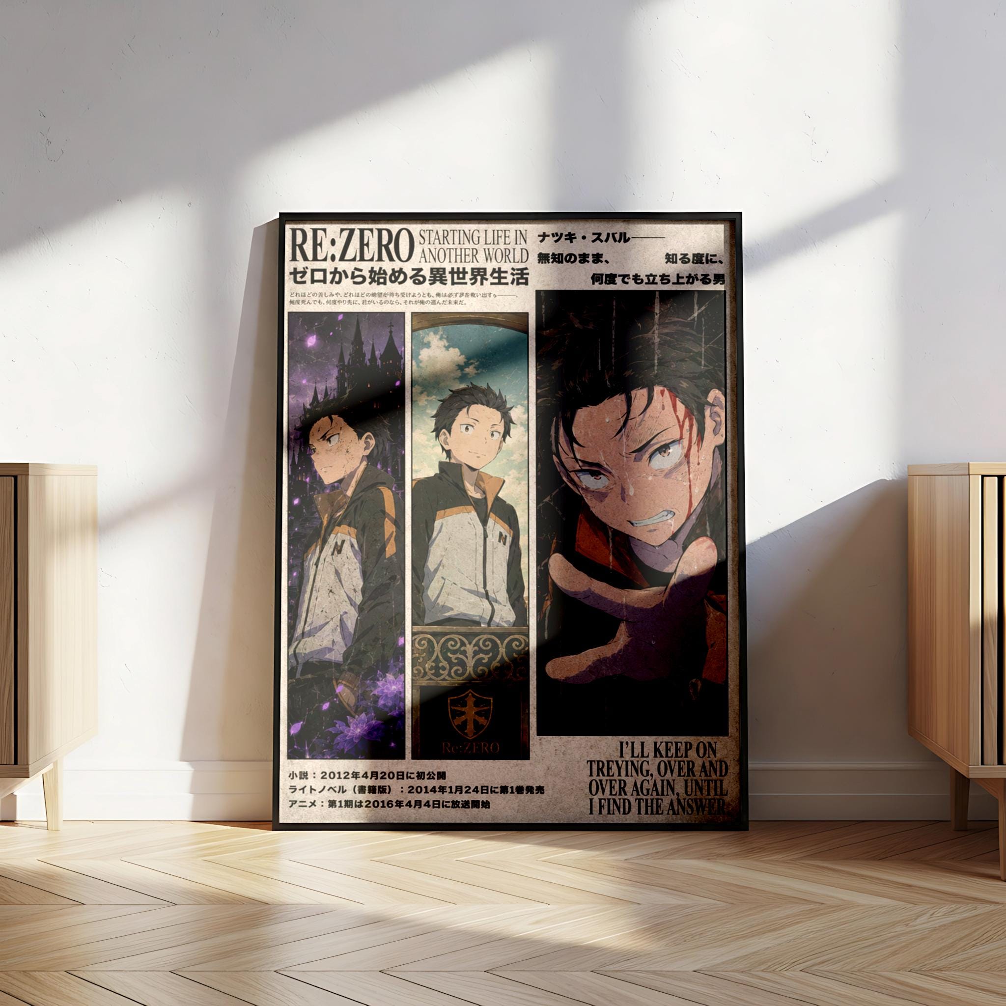 The image is a poster featuring three panels with anime-style artwork, likely from the anime series "Re-Zero". The poster is displayed on a wall in a room with a wooden floor.