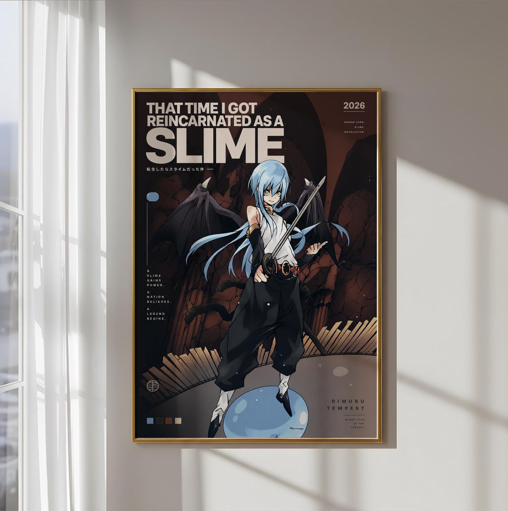 The image is a poster featuring an anime-style illustration of a character with blue hair and a black outfit, holding a sword and standing in front of a dark, fantastical background.