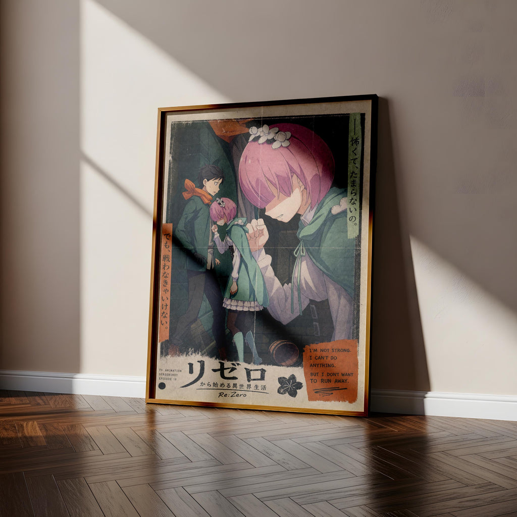 The image is a framed poster featuring an anime-style illustration of two characters, one with pink hair and the other with dark hair, set against a dark background. The poster is leaning against a wall, and there is a wooden floor beneath it.