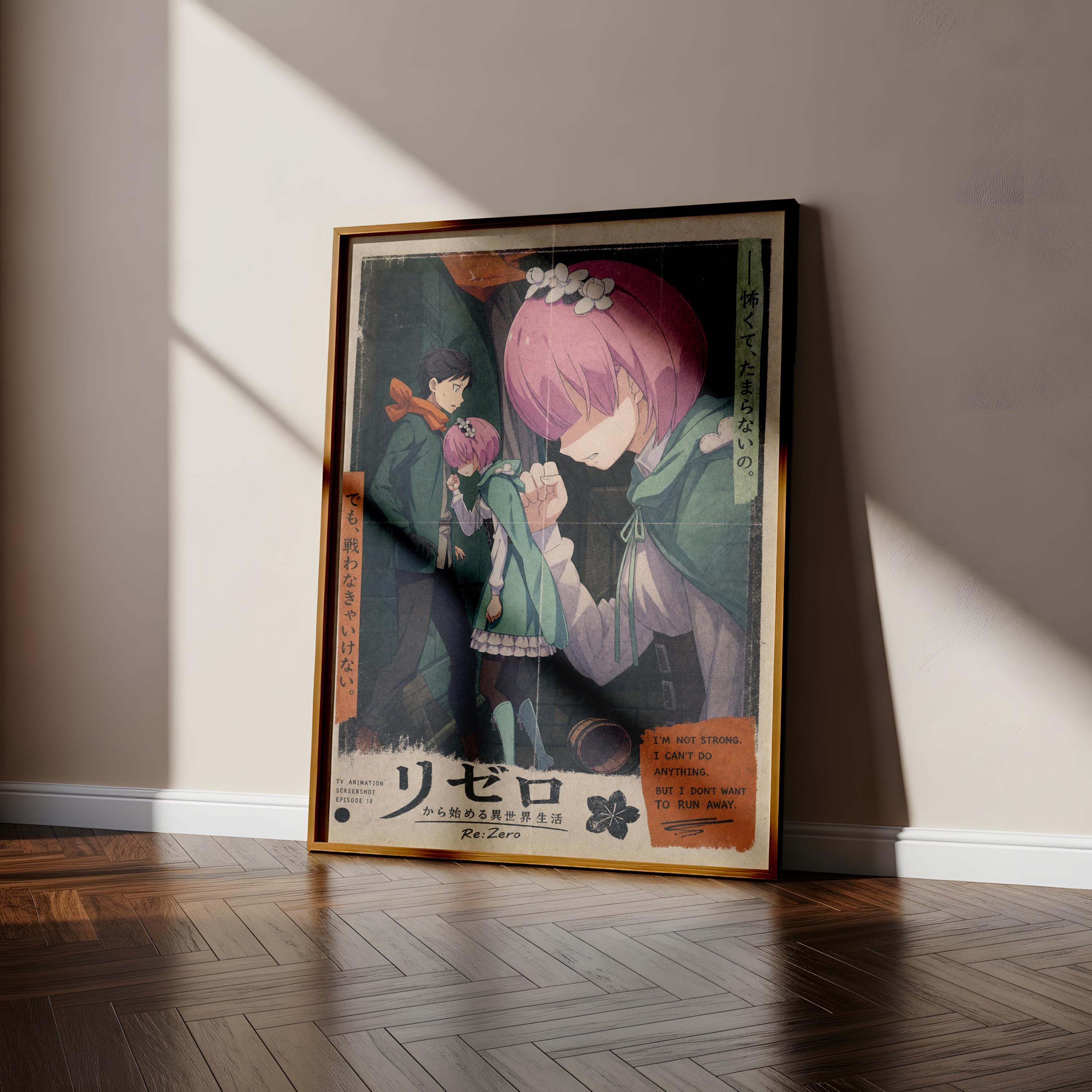 The image is a framed poster featuring an anime-style illustration of two characters, one with pink hair and the other with dark hair, set against a dark background. The poster is leaning against a wall, and there is a wooden floor beneath it.