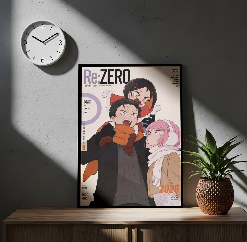 a poster of an anime character with a clock on the wall above it.