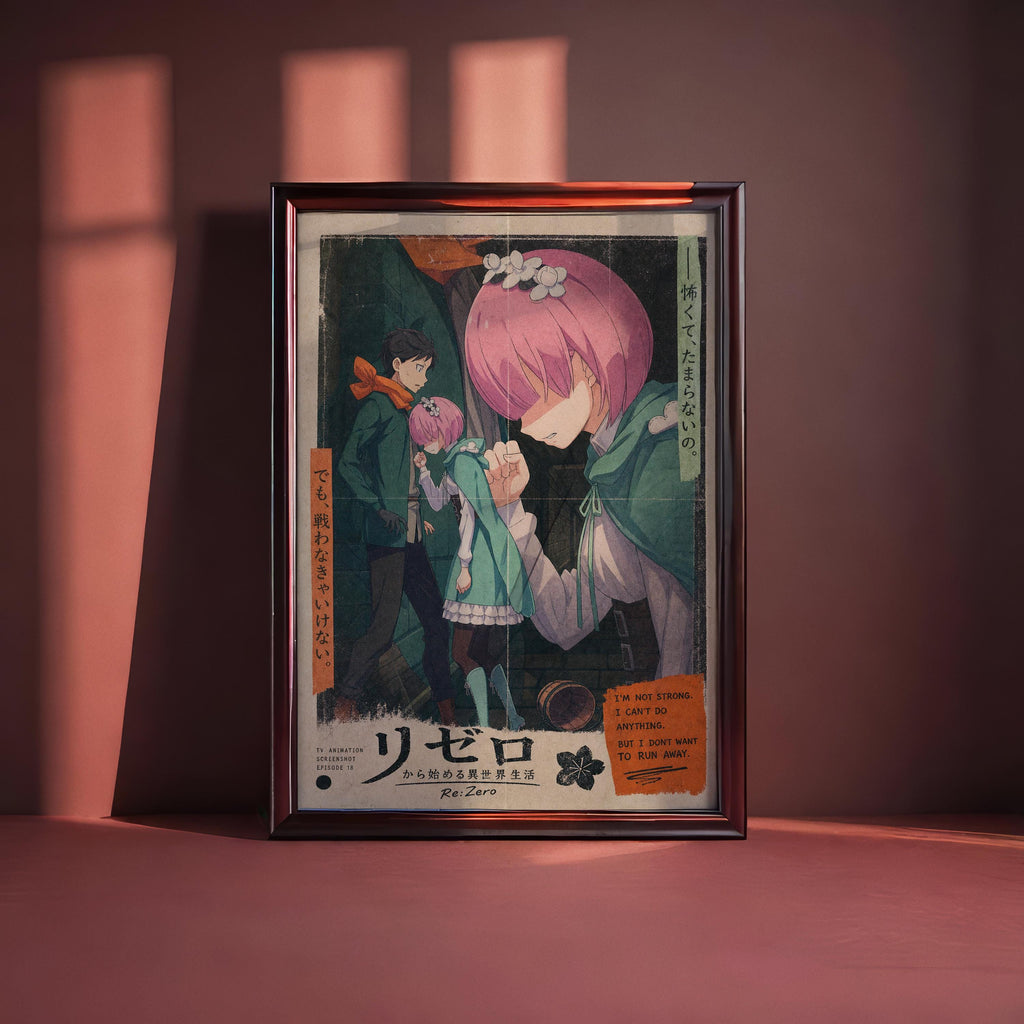 The image is a framed poster featuring an anime-style illustration of three characters, with a pink-haired character in the center. The poster has Japanese text and an orange and black color scheme.
