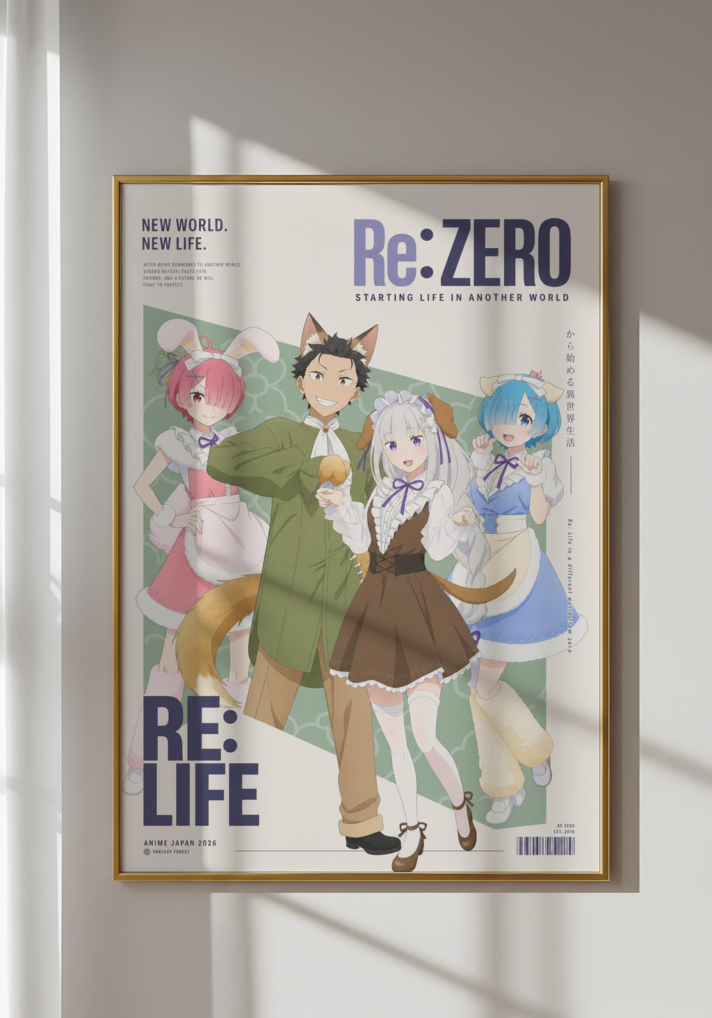 The image is a poster featuring four anime characters, including a man, a woman, and two children, all dressed in colorful outfits. The poster has a green and white color scheme and includes text that reads "New World. New Life. Re:ZERO. Starting life in another world".