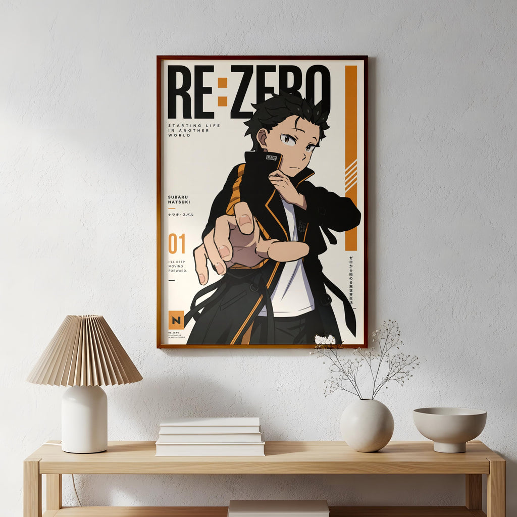 a poster of a character from the anime series Re:Zero, hanging on a wall above a wooden table with various items on it.