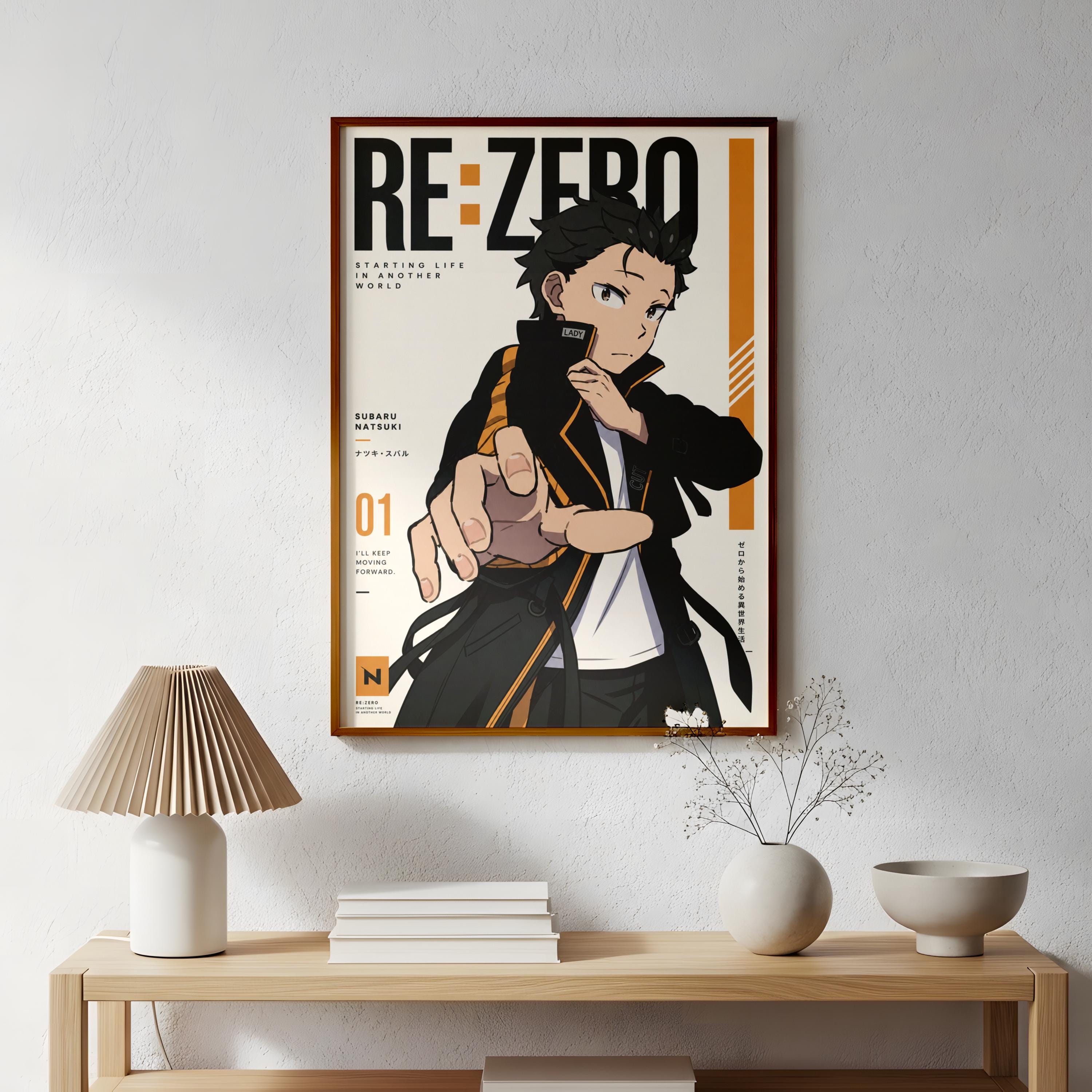 a poster of a character from the anime series Re:Zero, hanging on a wall above a wooden table with various items on it.