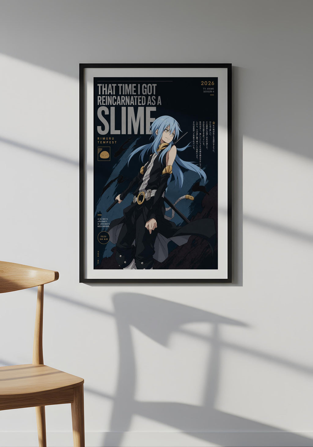 The image is a framed poster featuring an anime-style illustration of a character with blue hair and a black outfit, standing in a dark, moody setting.