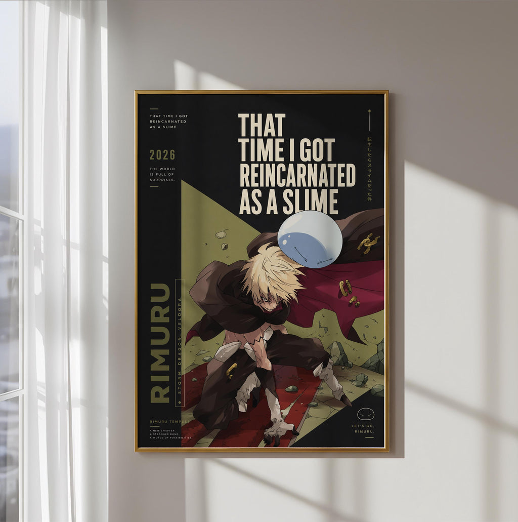The image is a poster featuring an anime character, specifically Rimuru, who is described as a slimy character. The poster has a black background with a colorful illustration of Rimuru and text that reads "That time I got reincarnated as a slime".