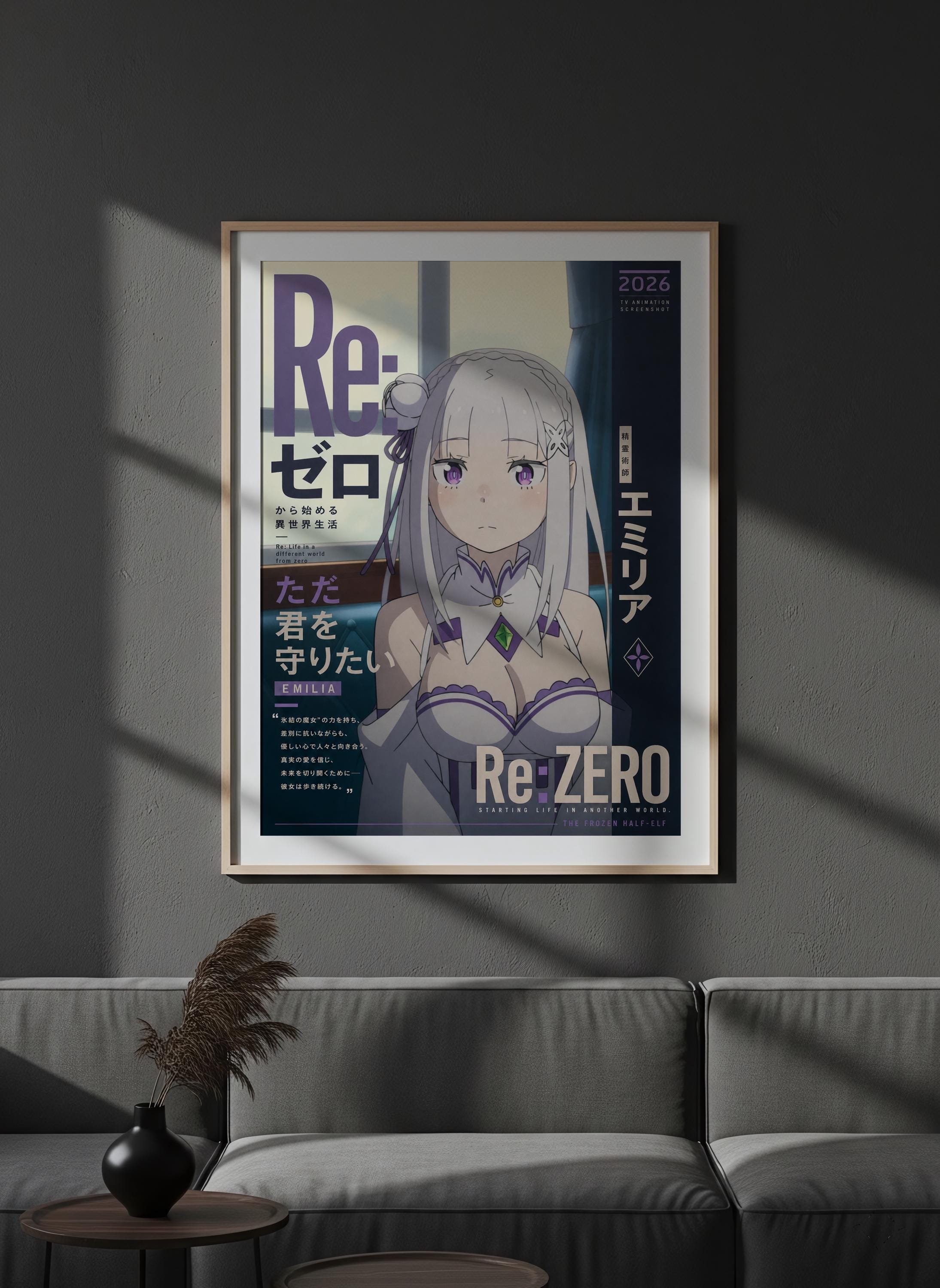 an anime-style poster of a young woman with long hair and a purple outfit, displayed on a wall above a couch.