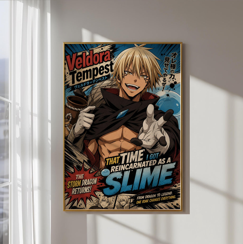 The image is a poster featuring an animated character with blonde hair and a muscular build, wearing a black cape and holding a sword. The poster has a comic-style design with various elements such as speech bubbles, text, and graphics.