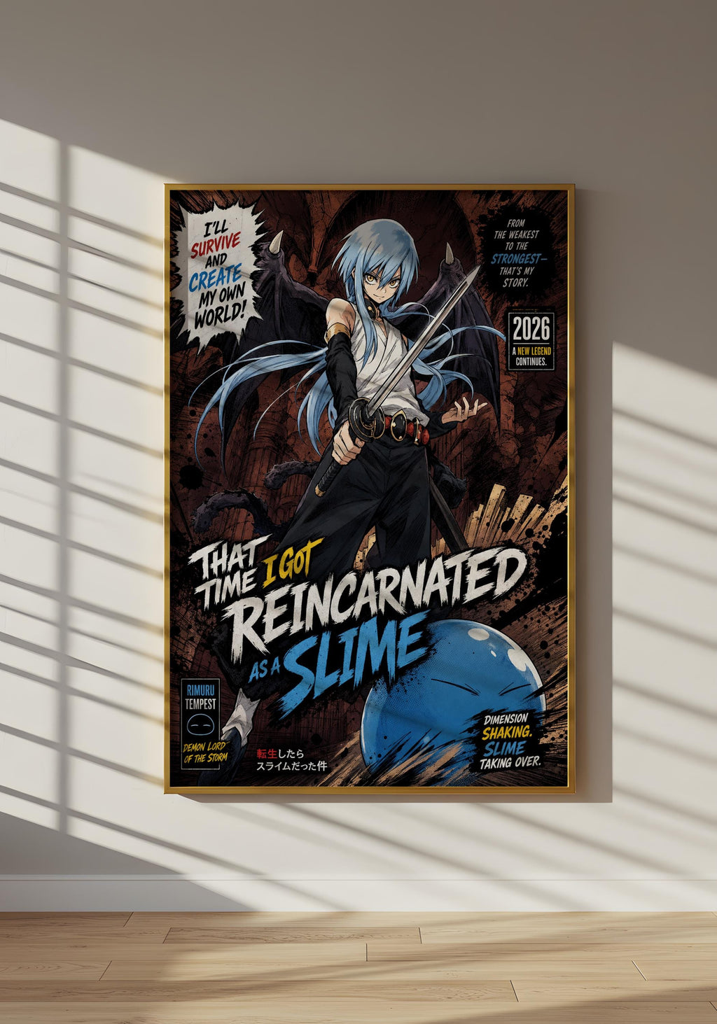 The image is a poster featuring an anime-style character with blue hair and a sword, set against a dark background with a blue and white splash effect.