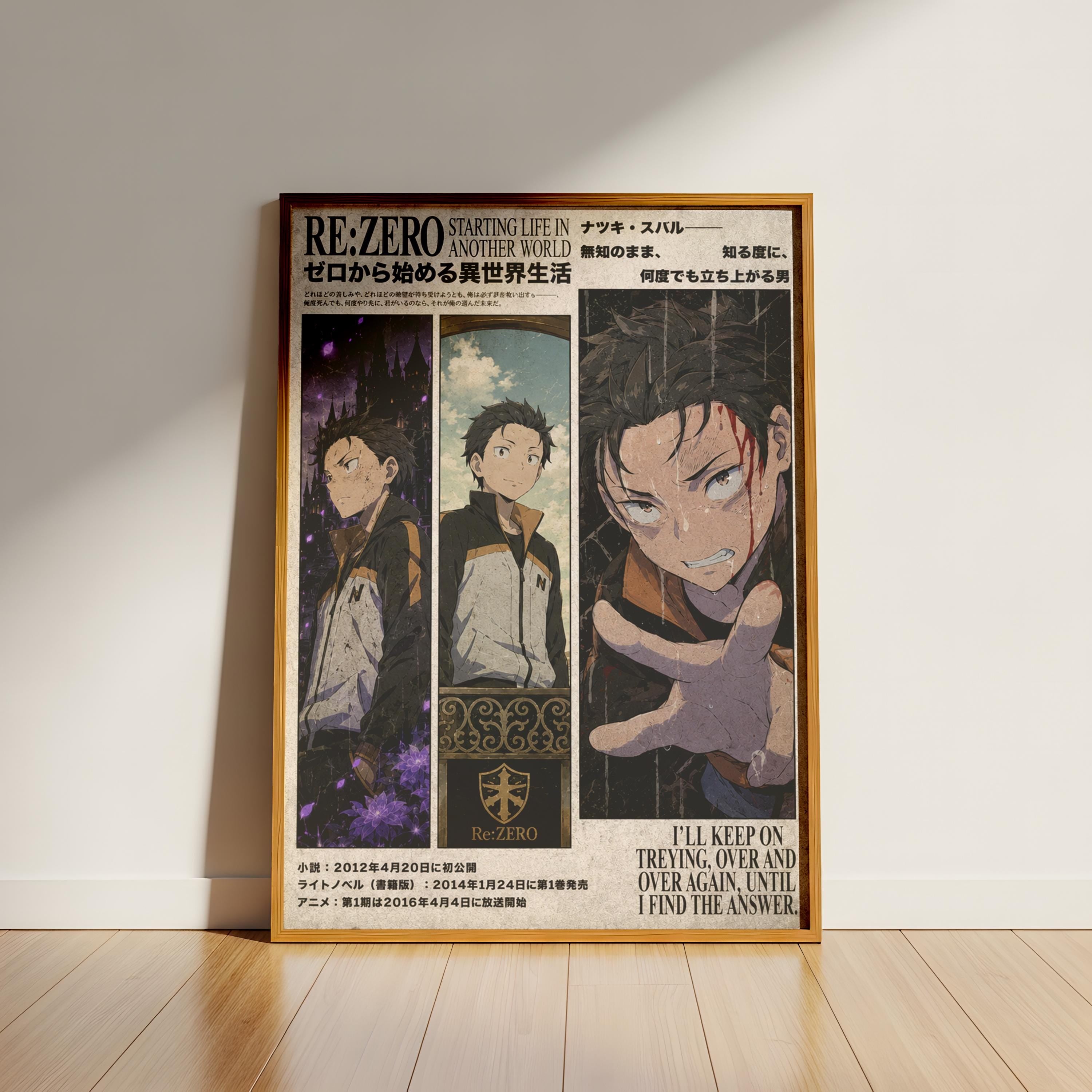 The image is a poster featuring three panels with characters from the anime series Re:Zero. The poster includes text and artwork related to the series.