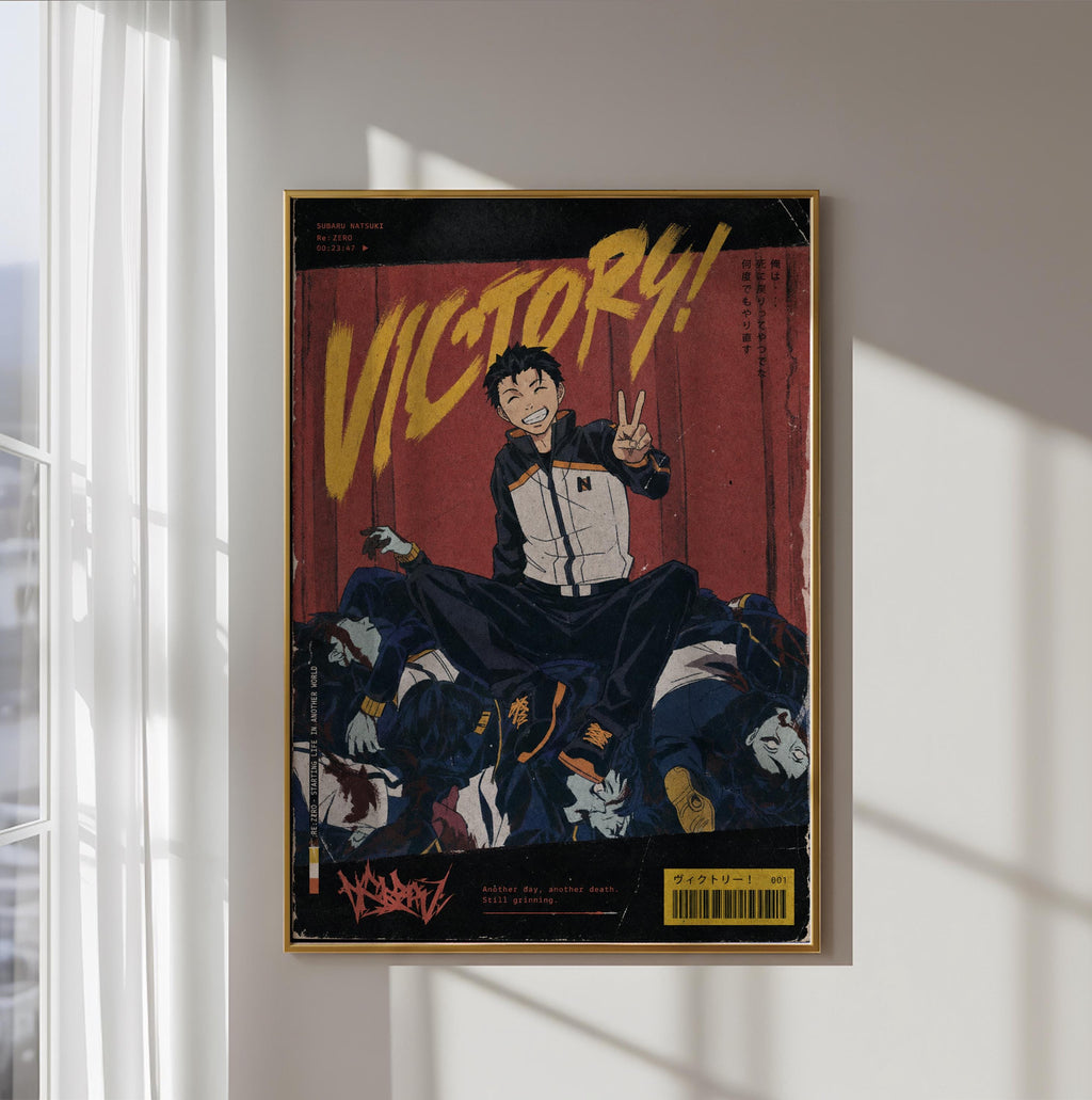 The image is a framed poster featuring an illustration of a person in a black and white outfit, with the word "VICTORY!" prominently displayed.