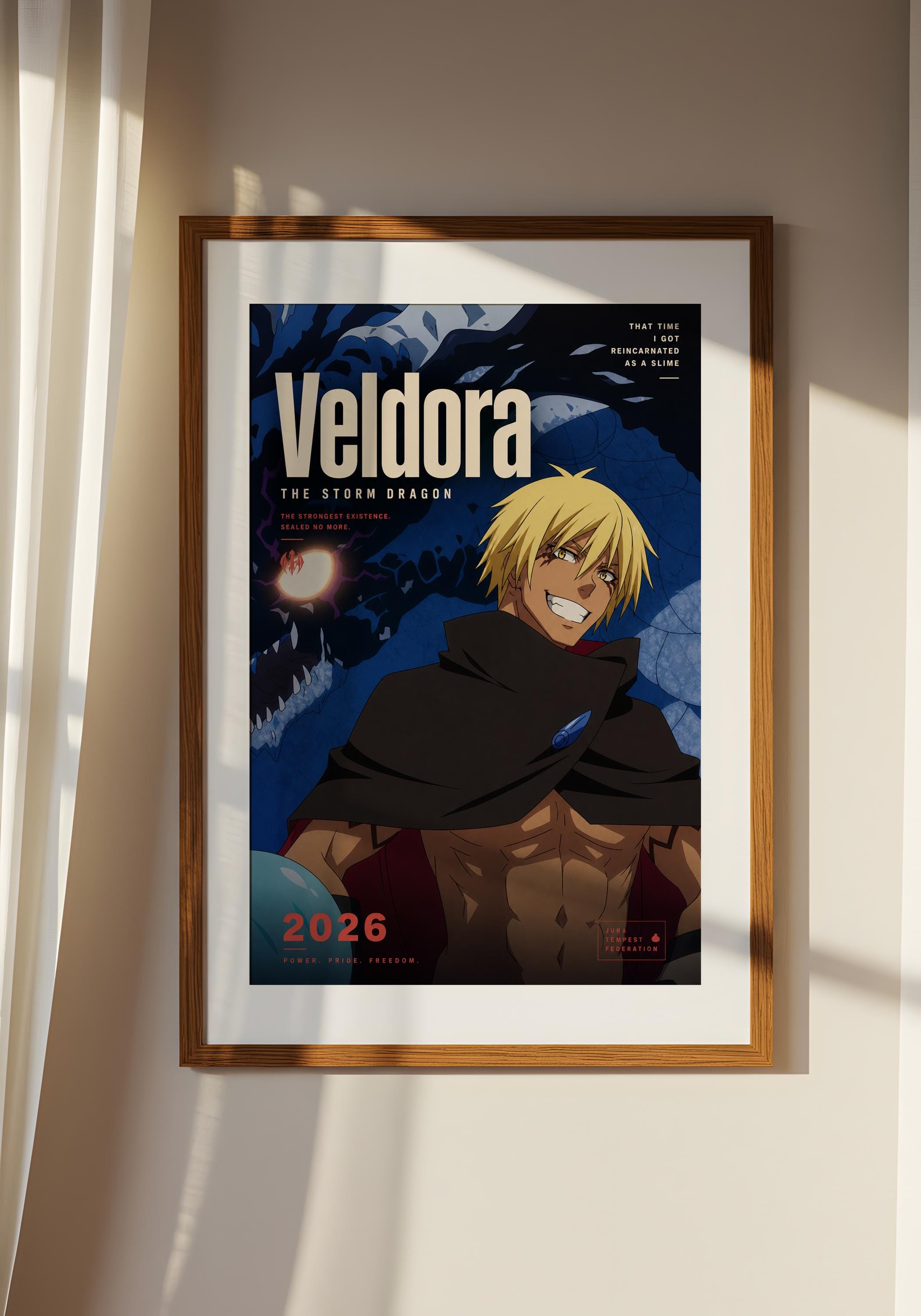 The image is a framed poster featuring an anime character with a blue background and a large dragon. The character is smiling and appears to be the main focus of the poster.