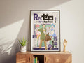 a poster with a colorful illustration of a group of people, including a man and a woman, along with some text and a logo. The poster is displayed on a wooden cabinet or shelf, and there is a potted plant and a small wooden figurine next to it.