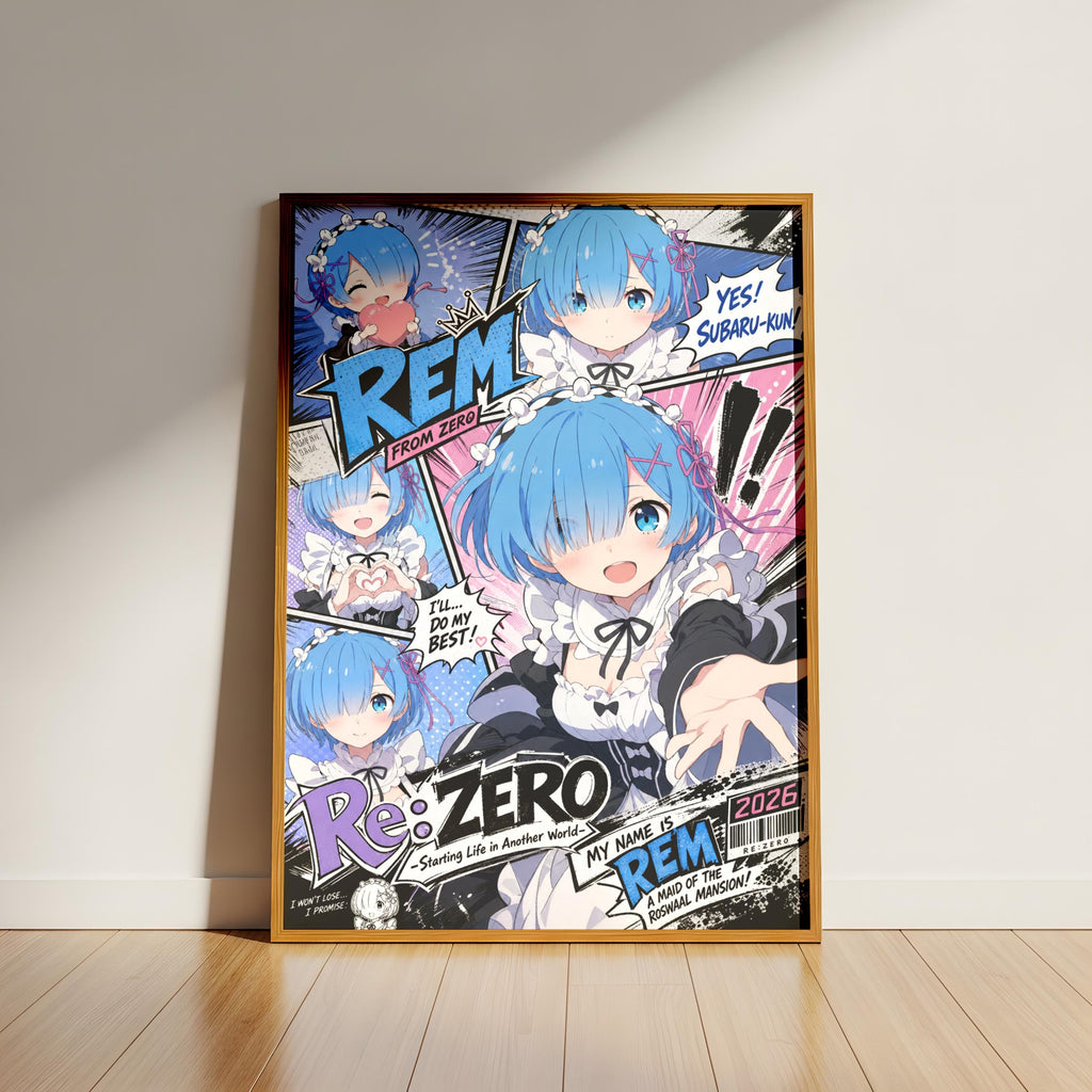 The image is a poster featuring a collage of multiple images of a blue-haired anime character, likely from the anime "Re:Zero". The poster includes text and speech bubbles, as well as various visual elements such as speech bubbles, speech bubbles, and text. The poster is framed and displayed on a wall, with a wooden floor beneath it.
