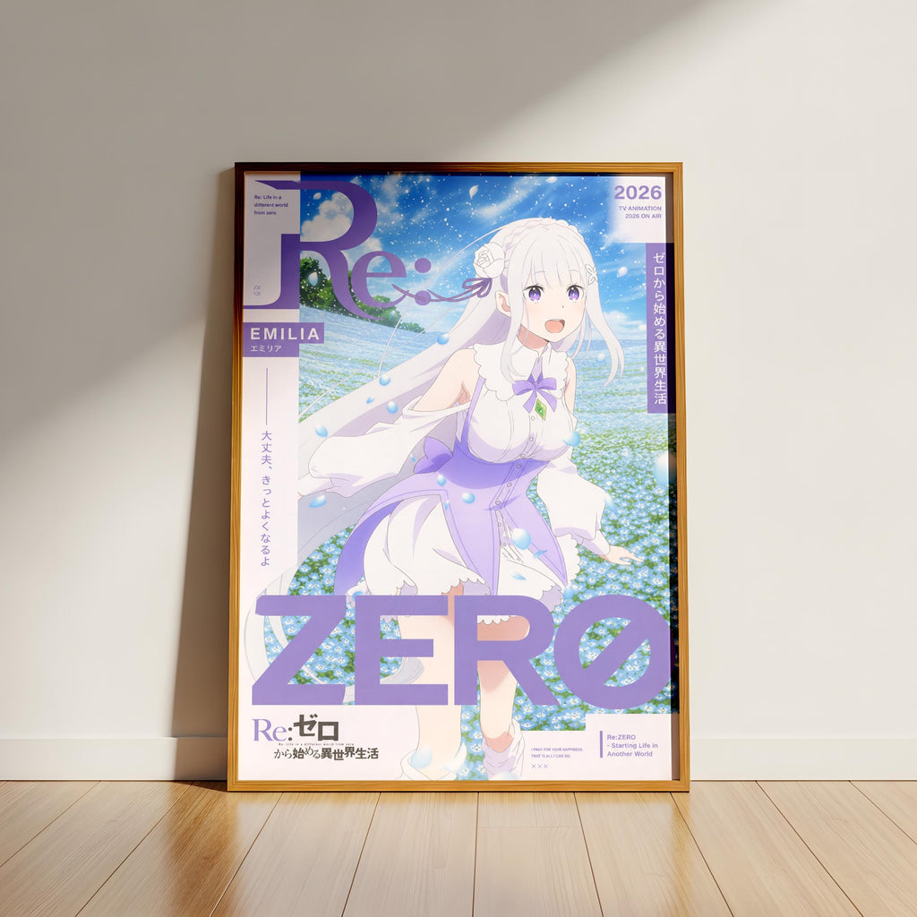 The image is a poster featuring an anime-style illustration of a young girl with white hair and a purple dress, standing in a field with flowers. The poster has a blue background with white text and a purple border.