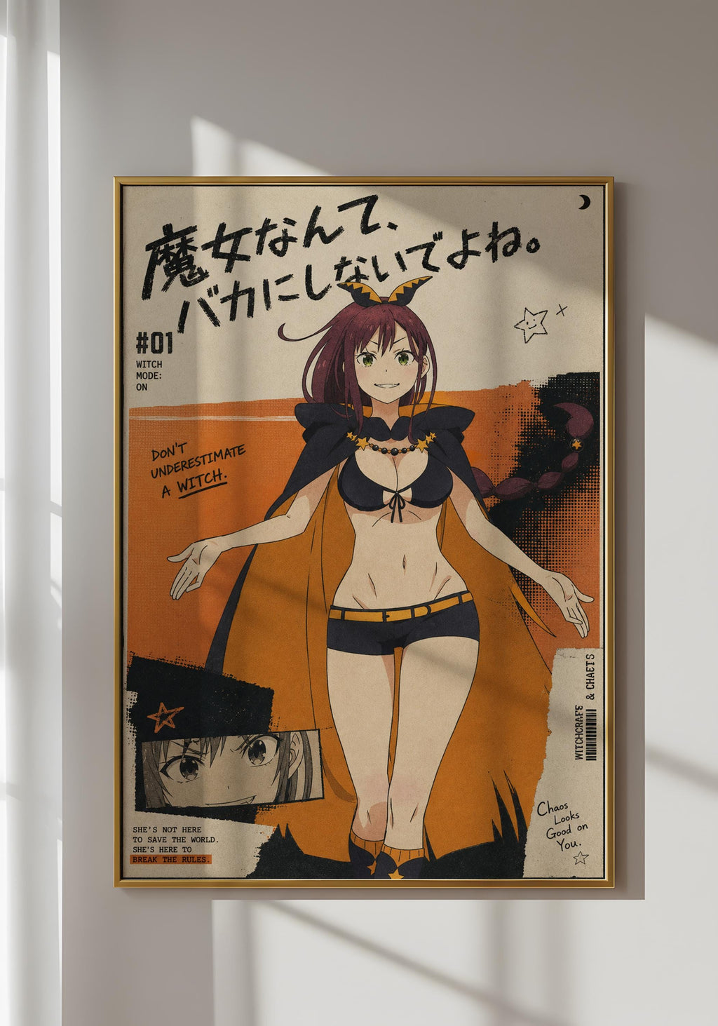 The image is a framed poster featuring an anime-style illustration of a woman dressed in a witch costume, with text and various elements related to the anime.