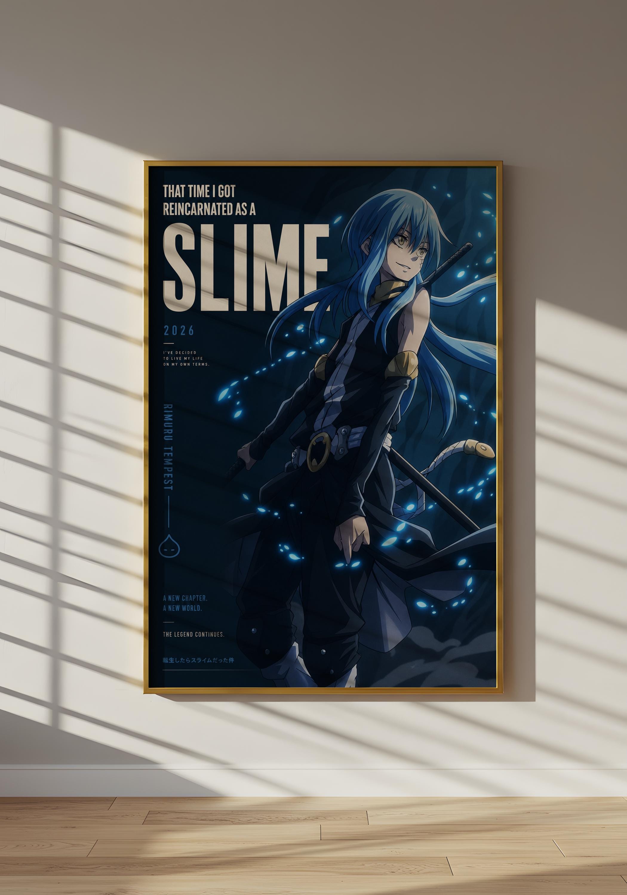 The image is a poster featuring an anime character with blue hair and a dark outfit, standing in a dark, mysterious setting with glowing lights.