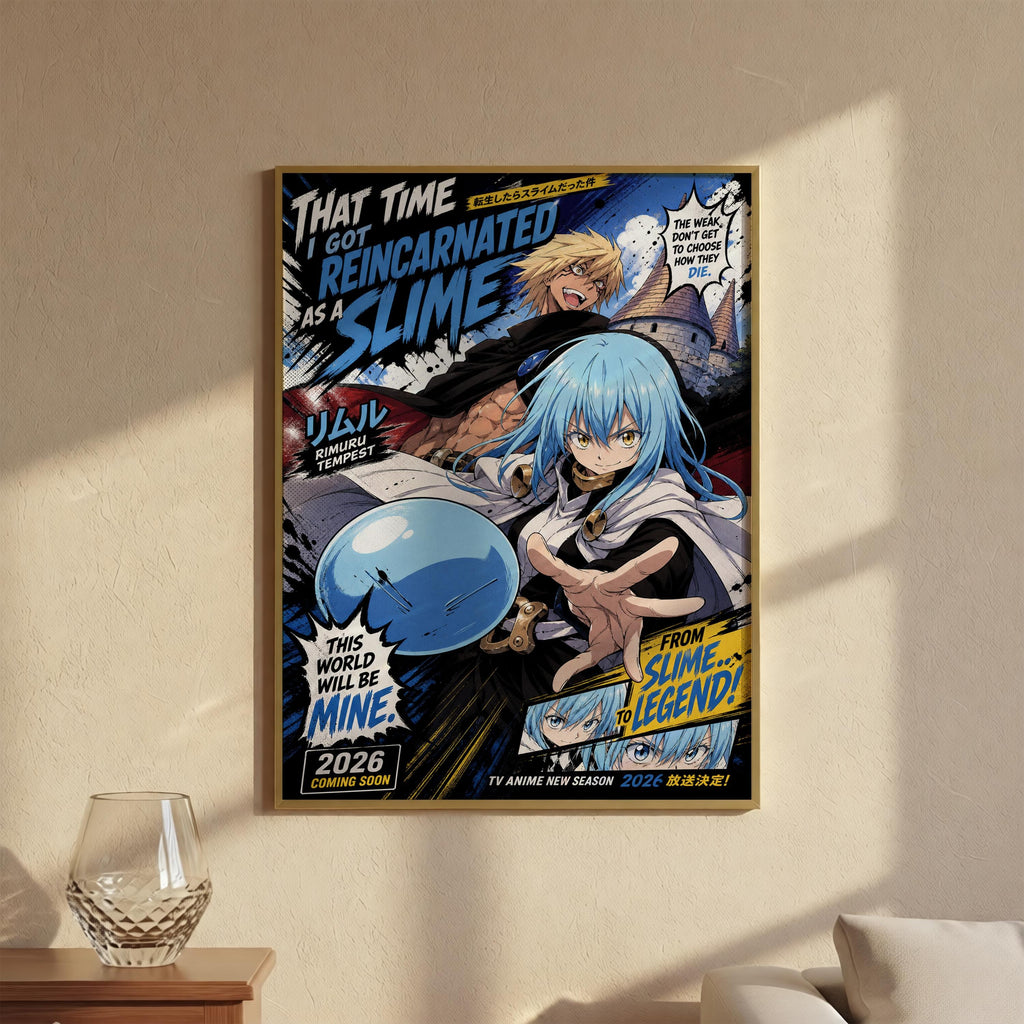 The image is a poster featuring an anime-style illustration of a character with blue hair and a white outfit, surrounded by various elements such as a blue bubble, a clock, and text.