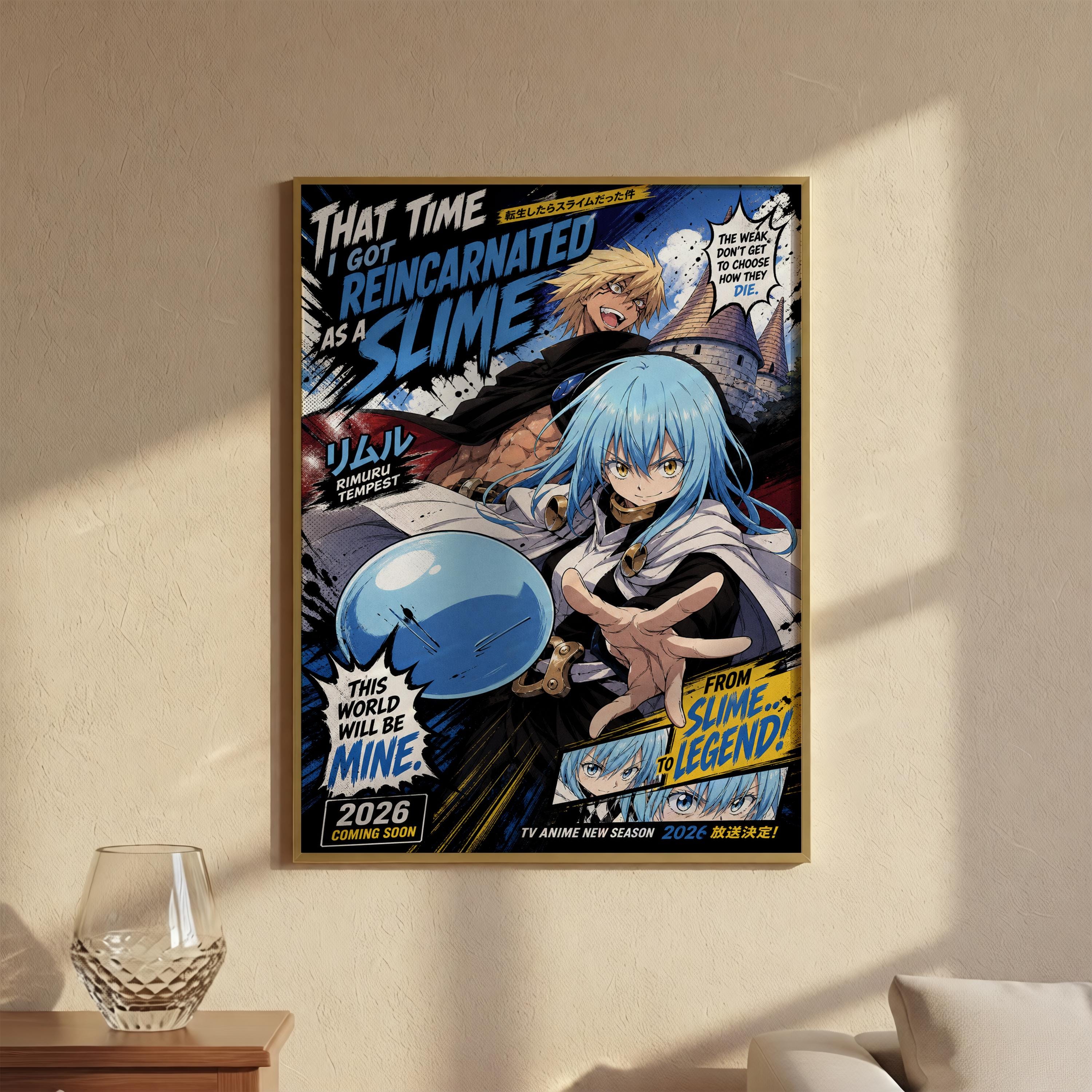 The image is a poster featuring an anime-style illustration of a character with blue hair and a white outfit, surrounded by various elements such as a blue bubble, a clock, and text.