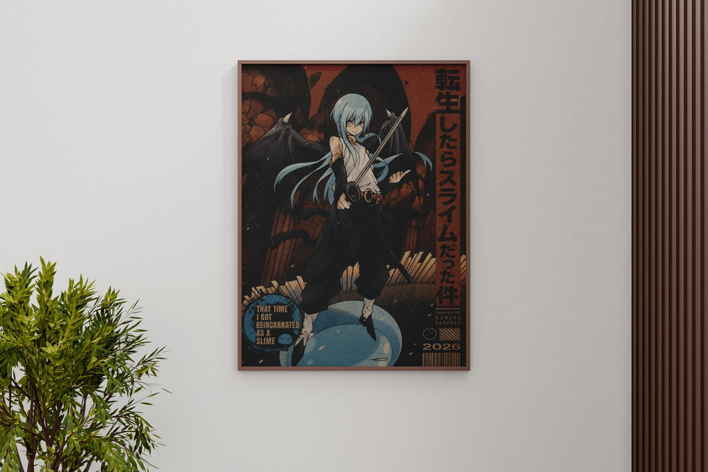 The image is a framed poster featuring an anime-style illustration of a character with blue hair and a white outfit, standing in a dark, ominous setting.