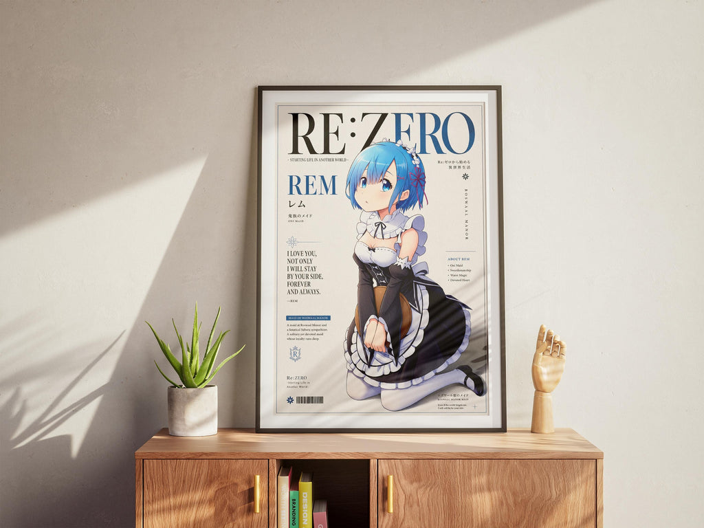a poster of an anime character, specifically REM, with a potted plant and a small wooden figurine on a wooden cabinet or shelf.