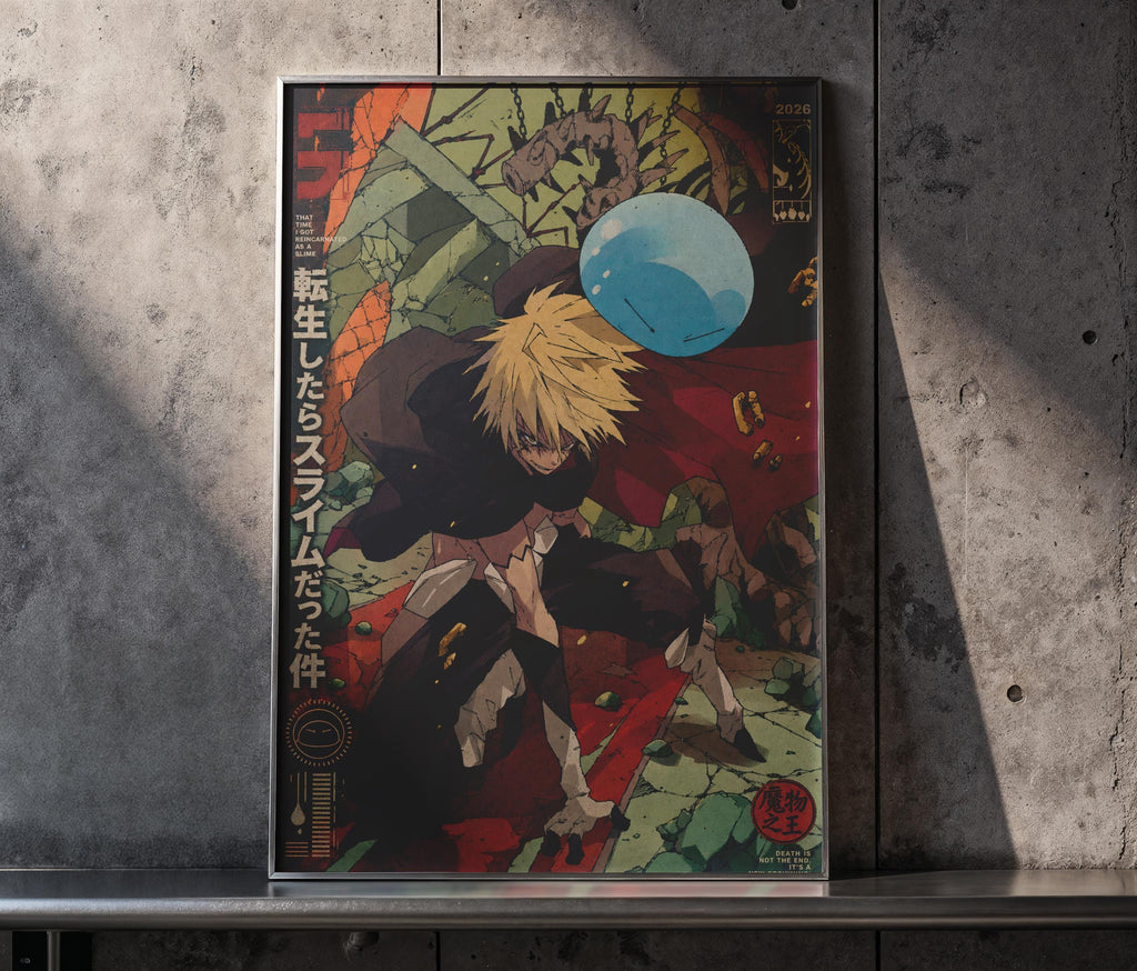 The image is a framed poster featuring an anime-style character with a blue bubble in the background. The poster has a colorful, abstract design with various elements and text.