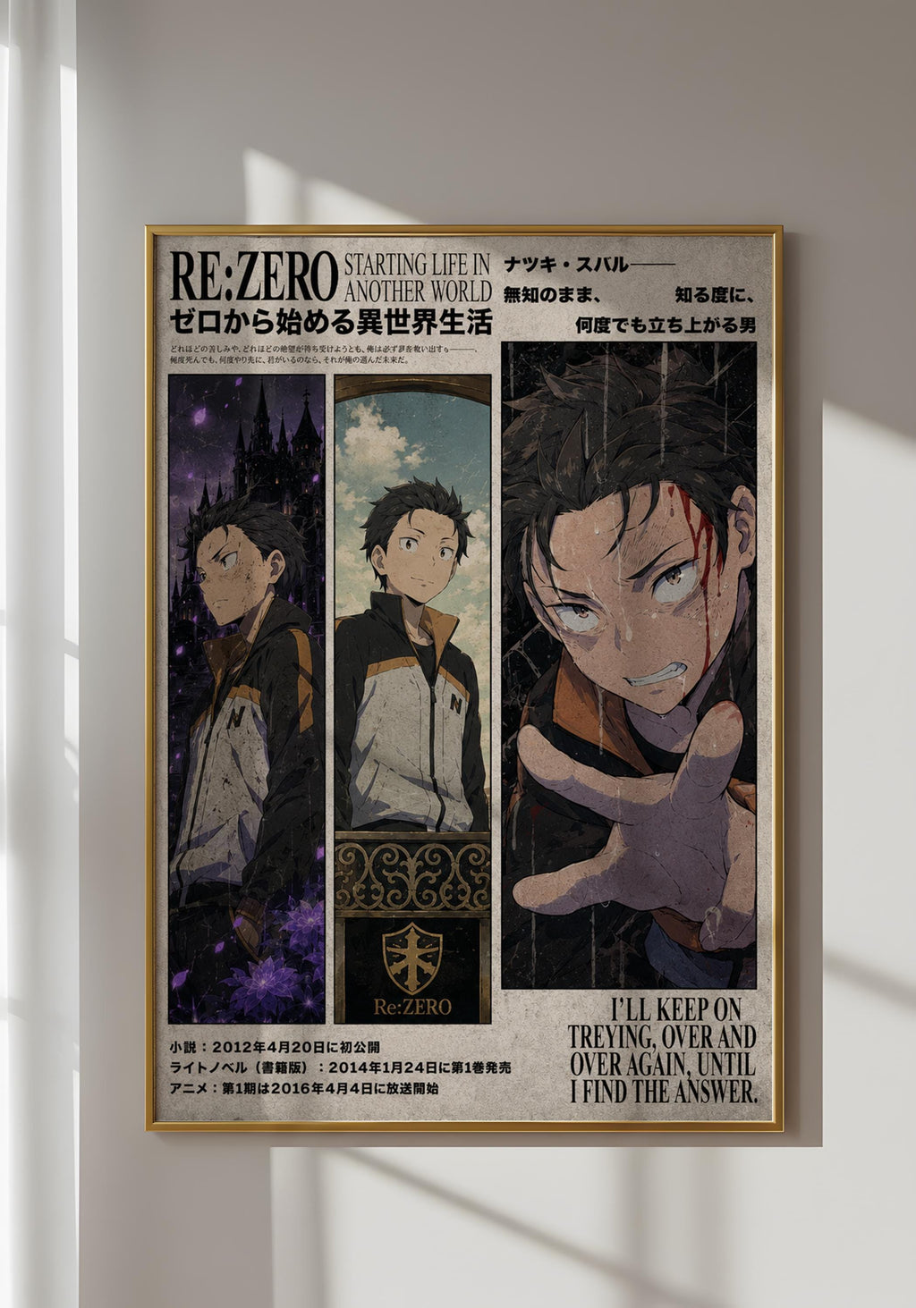 The image is a poster featuring three panels with different characters from the anime series "Re:Zero". The poster includes text and images related to the characters and the series.
