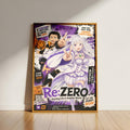 The image is a poster featuring two characters from the anime Re:Zero, with a focus on the title "Re:Zero" and the tagline "Let the journey begin!" The poster includes various text elements such as the characters' names, the tagline, and additional text related to the anime. The poster is framed and displayed on a wall, with a wooden floor underneath.