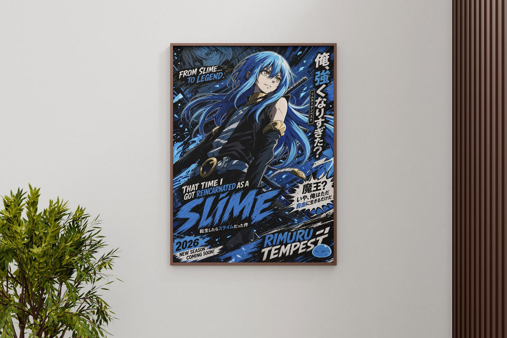 The image is a poster featuring an anime-style illustration of a character with blue hair and a dark outfit, surrounded by a blue and black background with text and graphics.