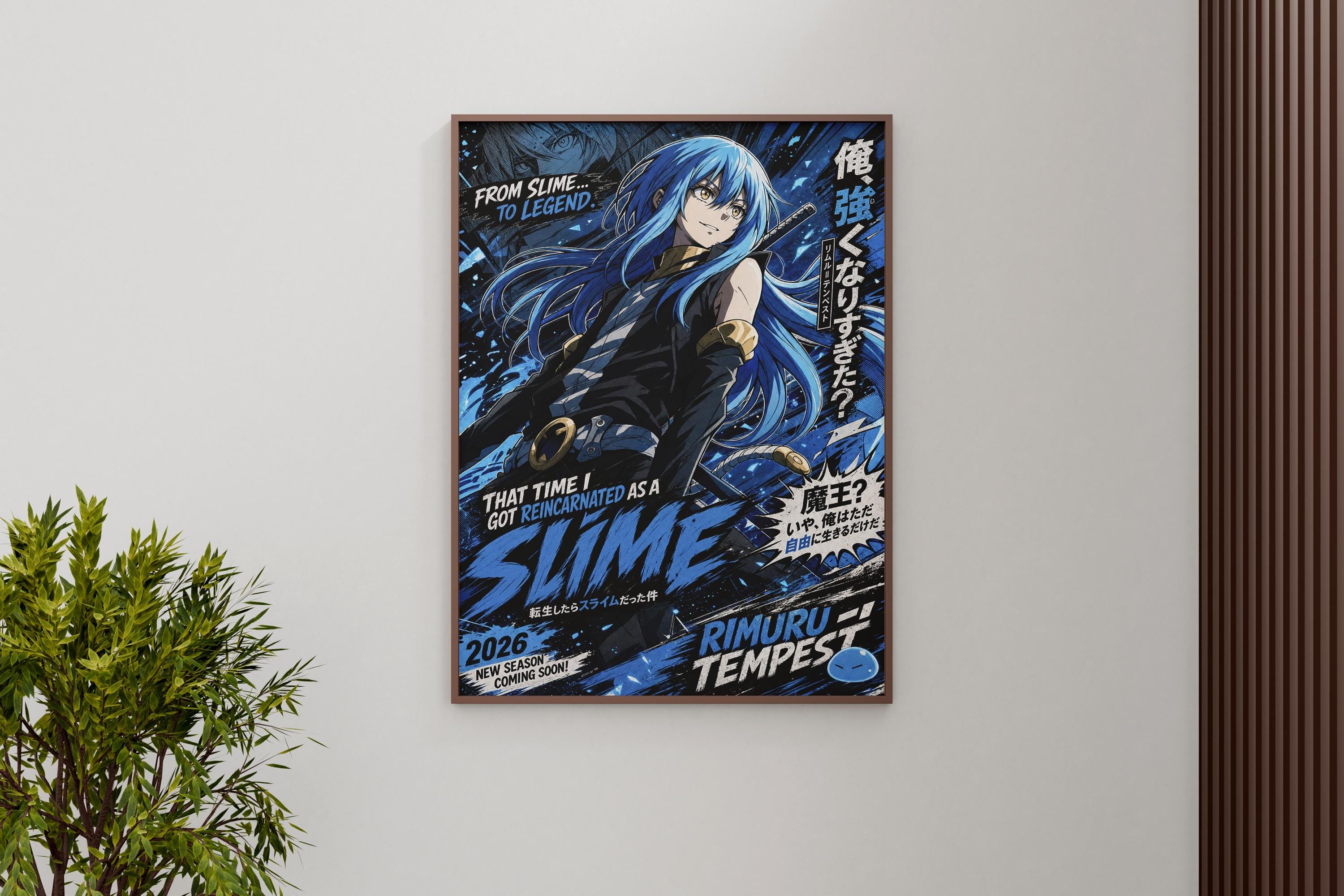 The image is a poster featuring an anime-style illustration of a character with blue hair and a dark outfit, surrounded by a blue and black background with text and graphics.