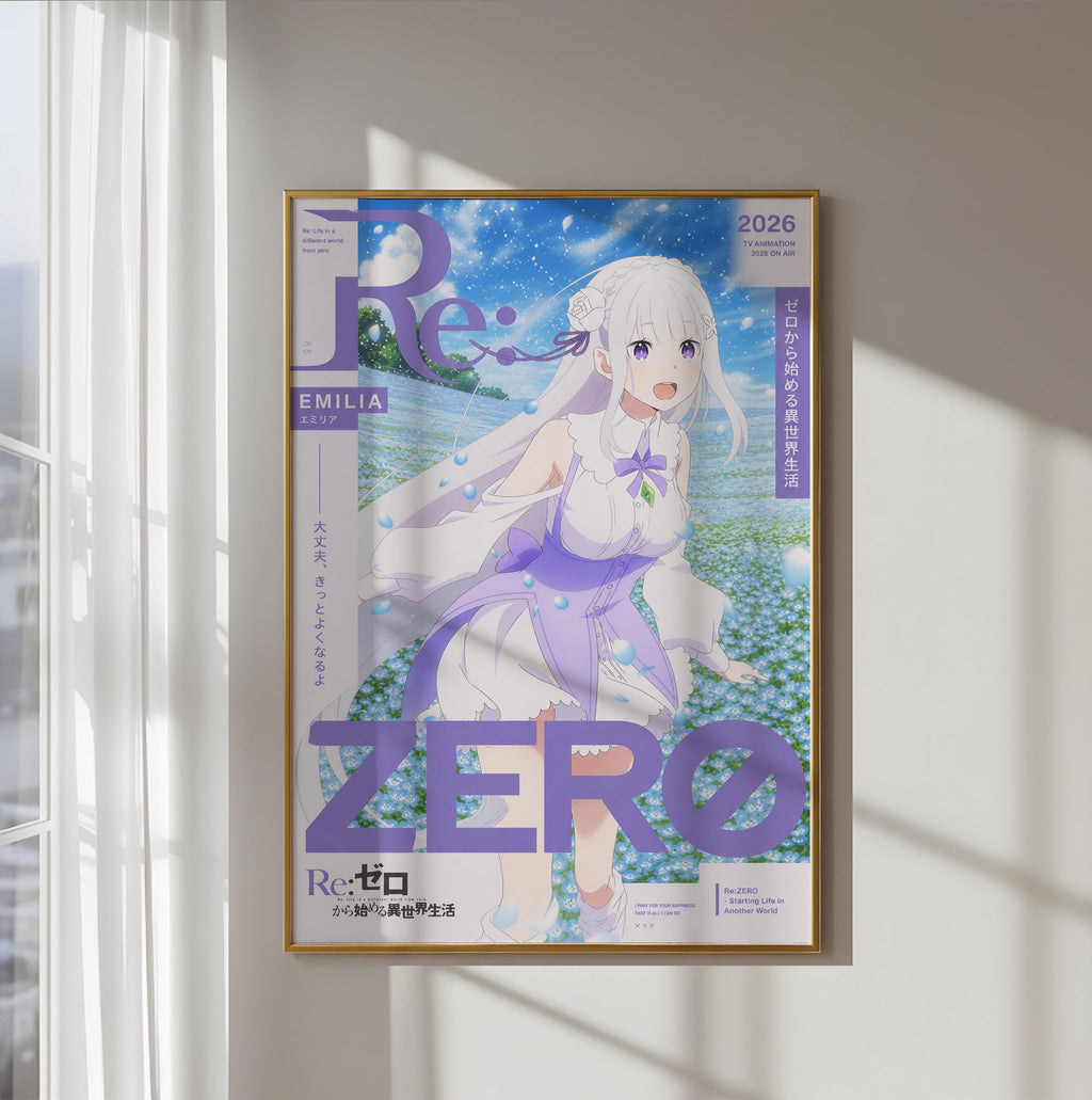 The image is a poster featuring an anime-style illustration of a young girl with white hair and a purple dress, set against a background of a field with flowers. The poster has a predominantly purple and white color scheme, with the word "ZERO" prominently displayed in large letters. The poster also includes Japanese text, which is not transcribed here as it is not within the scope of this service.