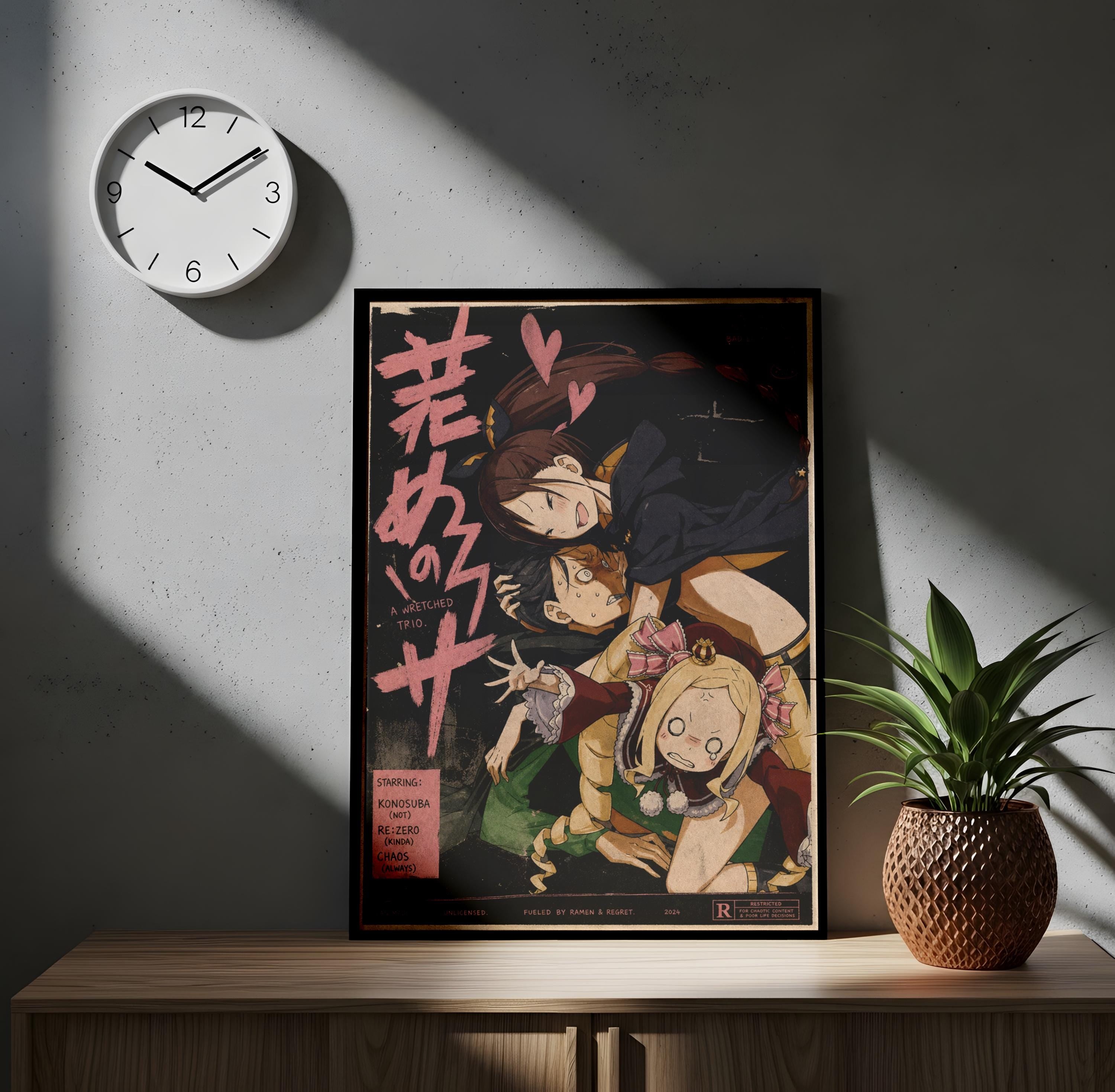 a framed poster of an anime-style illustration, with a clock on the wall above it.