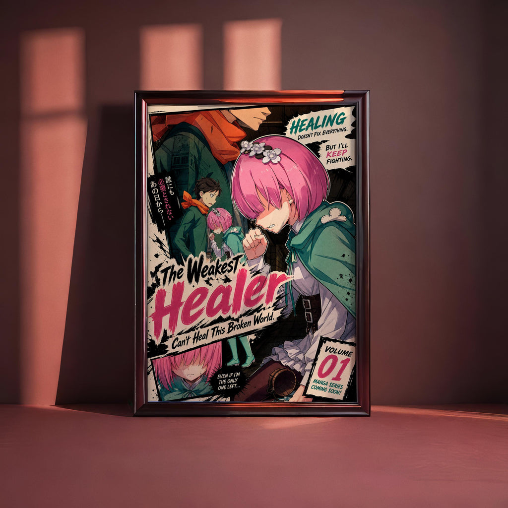 The image is a framed poster featuring an anime-style illustration of a character with pink hair and a green outfit. The poster has a dark background with text and various elements, including a title and a subtitle.