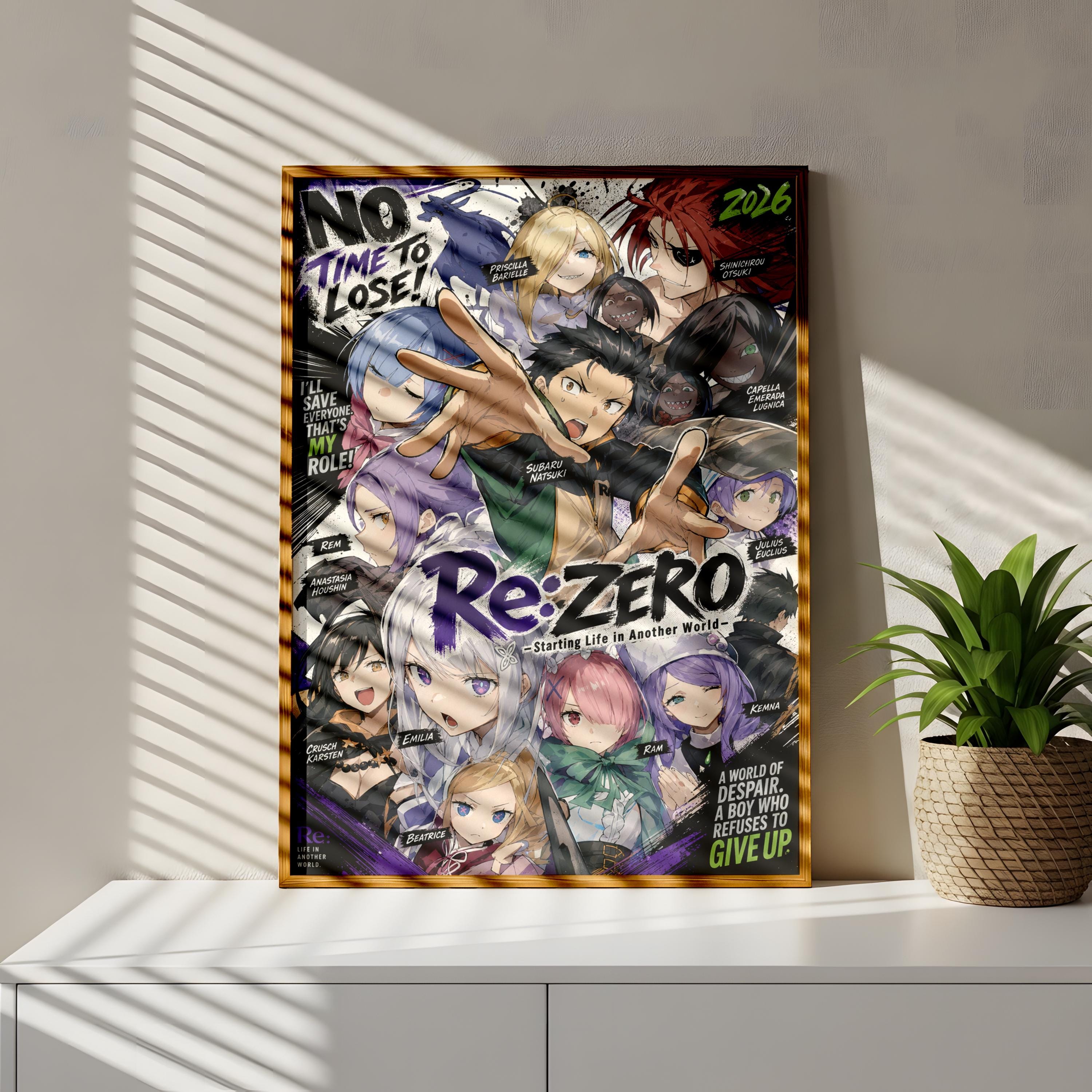 The image is a poster featuring a collage of various anime characters, including a prominent character named Re:Zero.