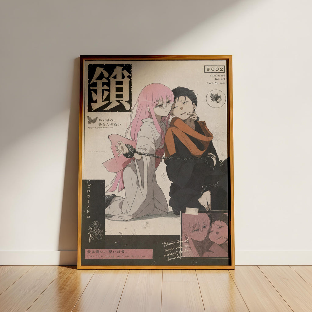 The image is a framed poster featuring an anime-style illustration of two characters, one with pink hair and the other with dark hair, standing together. The poster also includes text and a small illustration of a butterfly.
