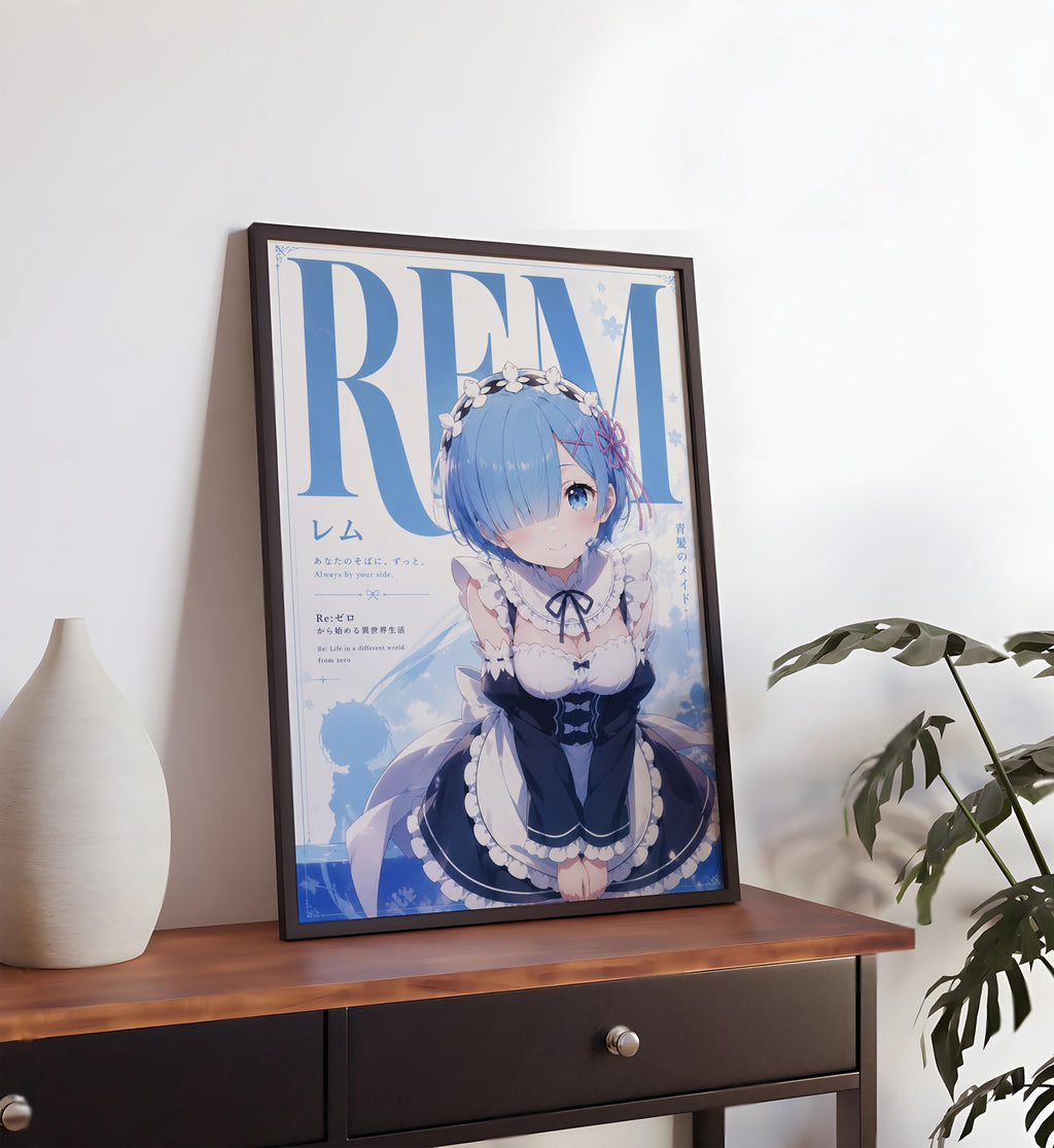 a framed poster of an anime character, with the title "REM" prominently displayed.