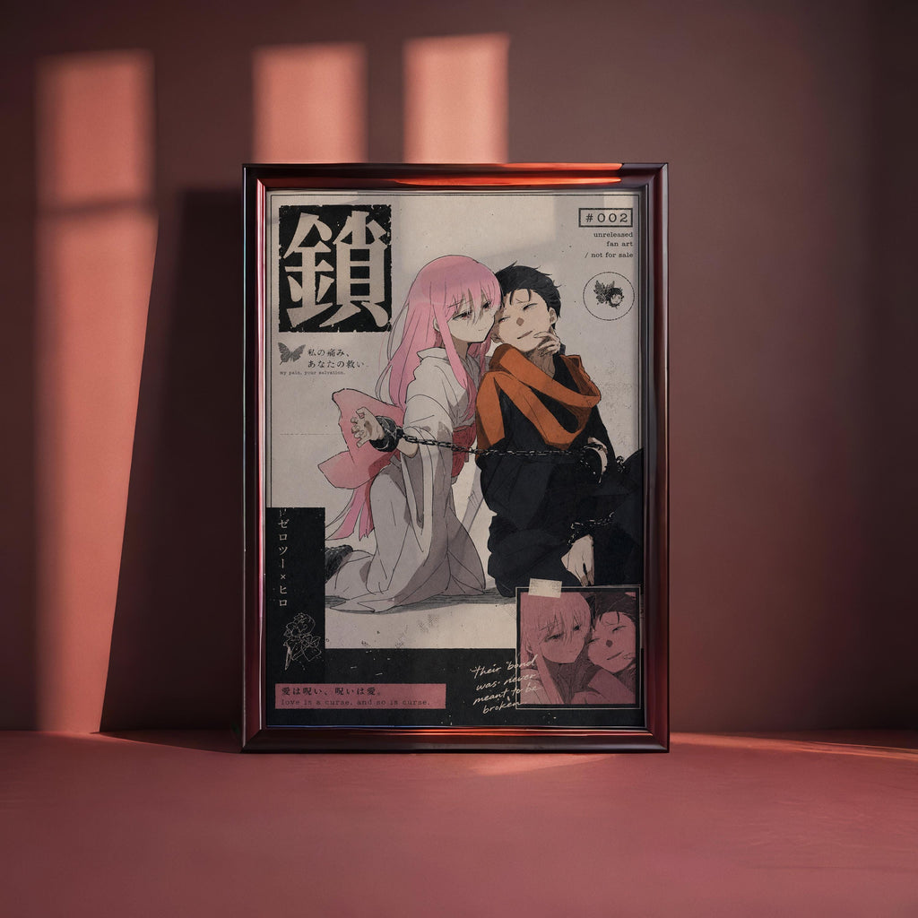 The image is a framed artwork depicting two anime characters, one with pink hair and the other with dark hair, standing together in a frame.
