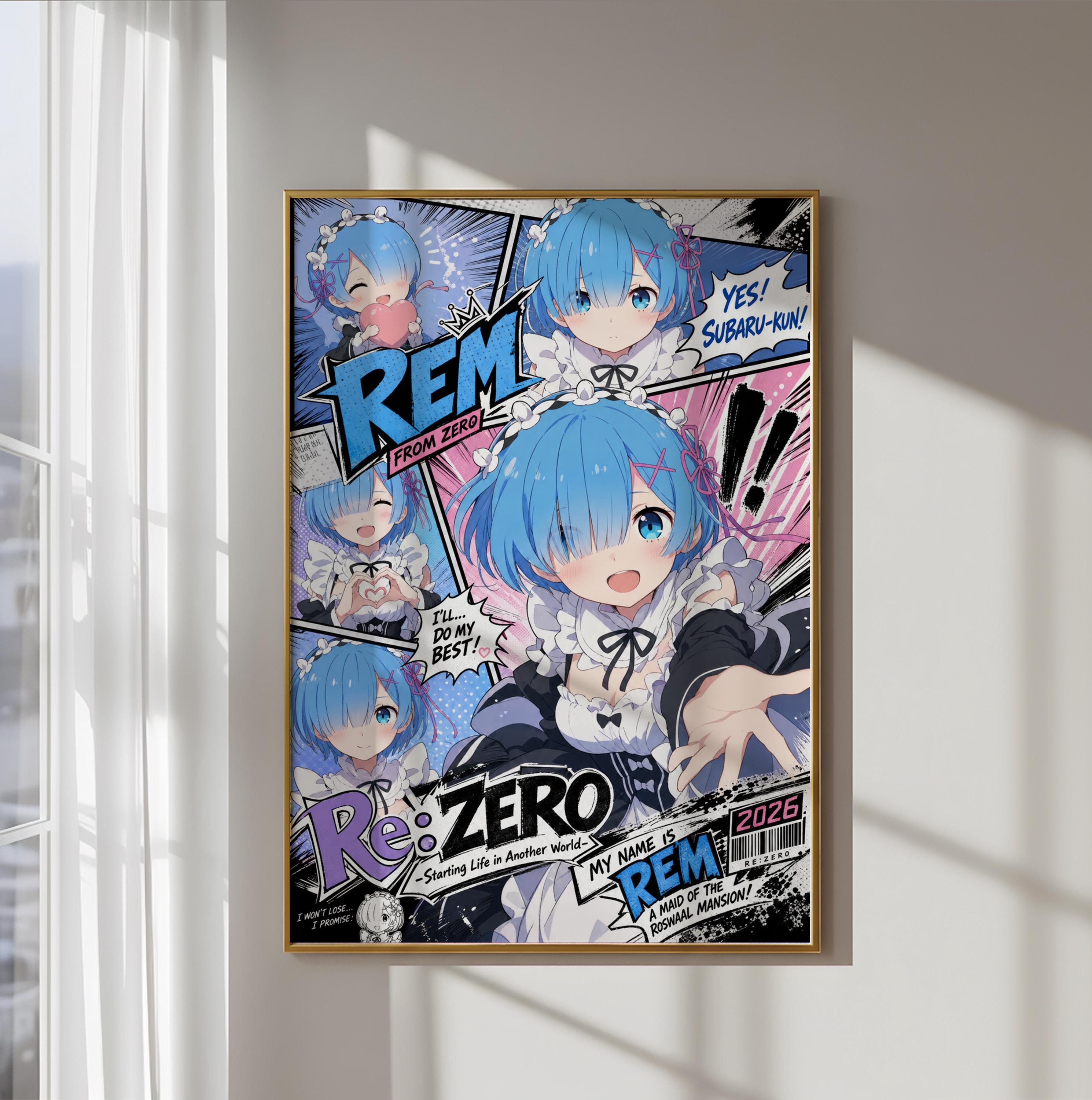 The image is a poster featuring an anime-style illustration of a character named REM, with various speech bubbles and text elements.