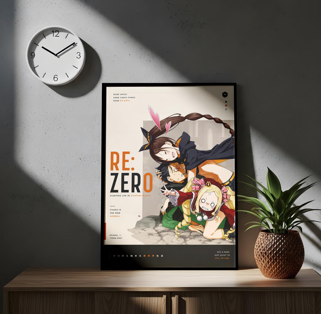 a poster of anime characters, including a clock on the wall and a potted plant on a wooden surface.