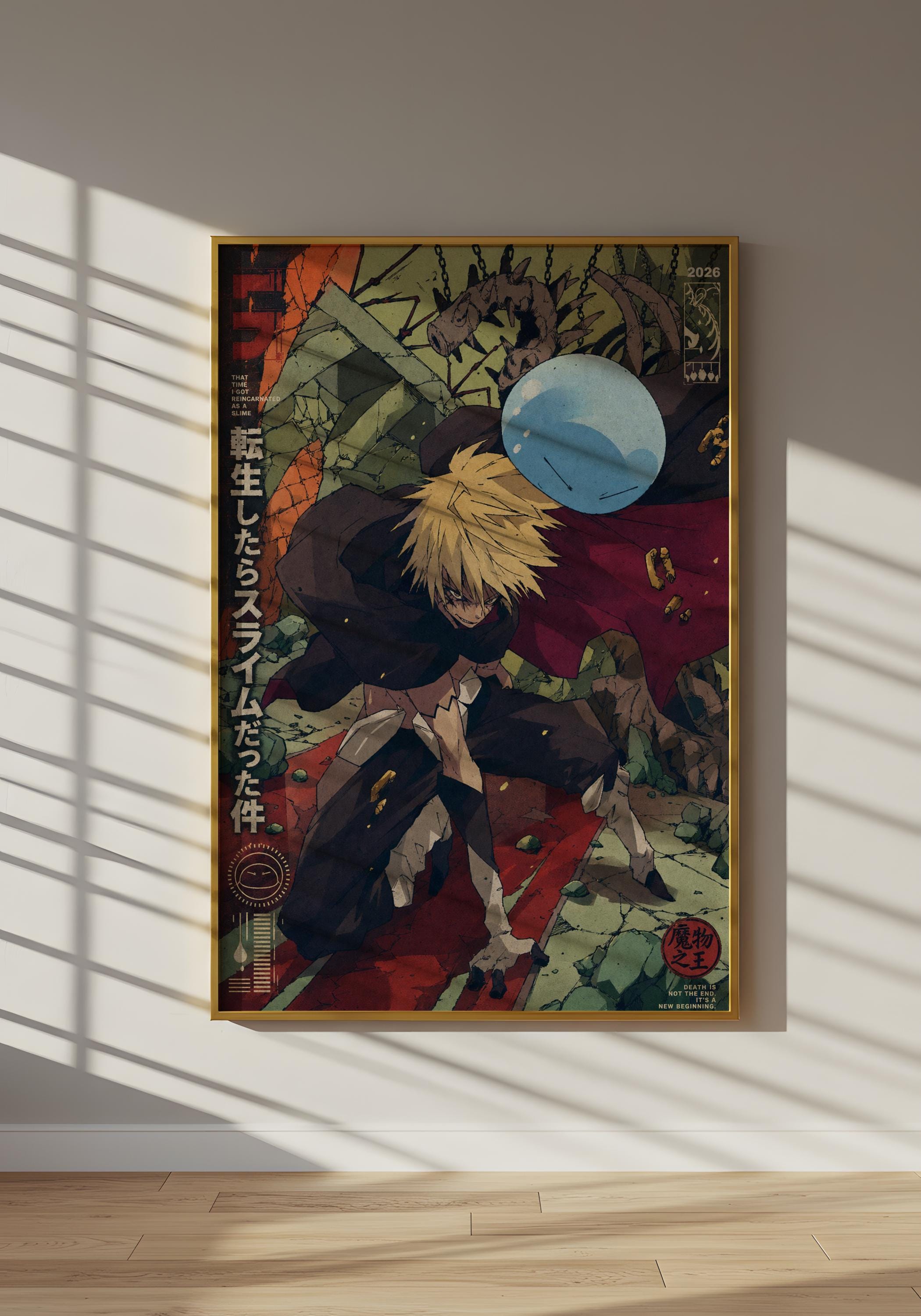 The image is a framed poster featuring an anime-style illustration of a character with blonde hair, wearing a black outfit, and holding a blue object. The poster is hanging on a wall, and there is a window in the background.