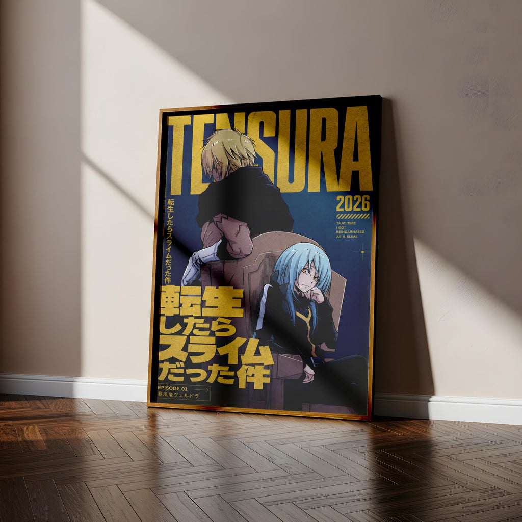 The image is a poster featuring two anime characters, one with blonde hair and the other with blue hair, standing in a room with a wooden floor.