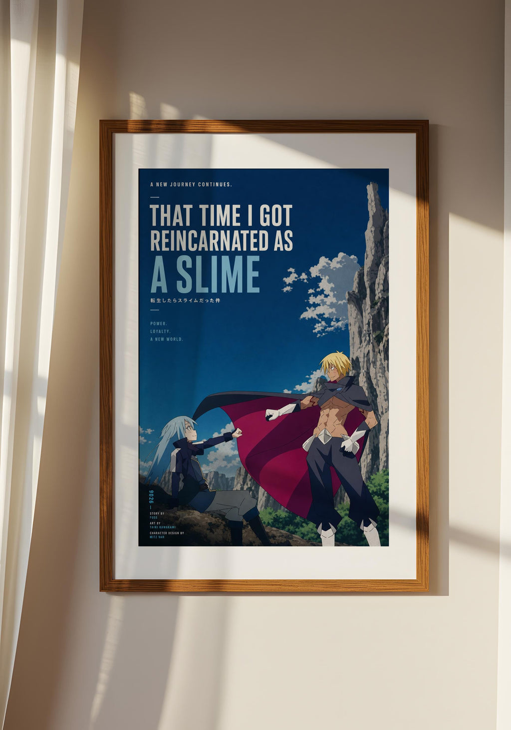 The image is a framed poster featuring an anime-style illustration of two characters, one with a cape and the other with a backpack, set against a backdrop of a mountainous landscape.