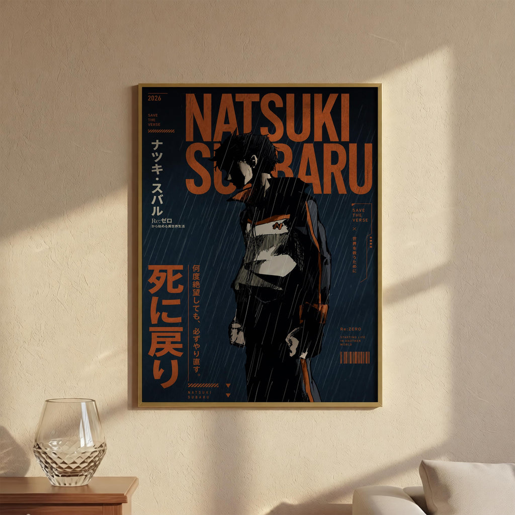 The image is a framed poster featuring an illustration of a person in a dark outfit, with the text "NATSUKI SOBARU" prominently displayed.