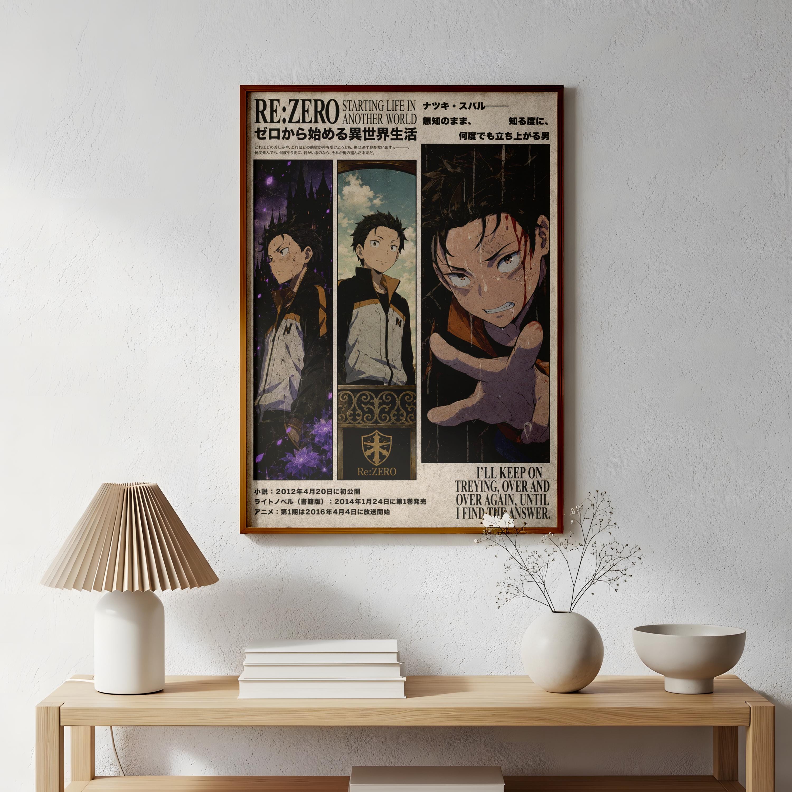 The image is a poster featuring three anime characters, with a focus on the central character. The poster is displayed on a wall above a wooden table with a lamp and a vase.
