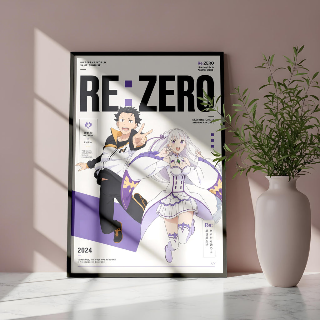 a poster with an anime-style illustration of two characters, one male and one female, set against a pink background. The poster is framed and placed on a marble surface, with a potted plant to the right.