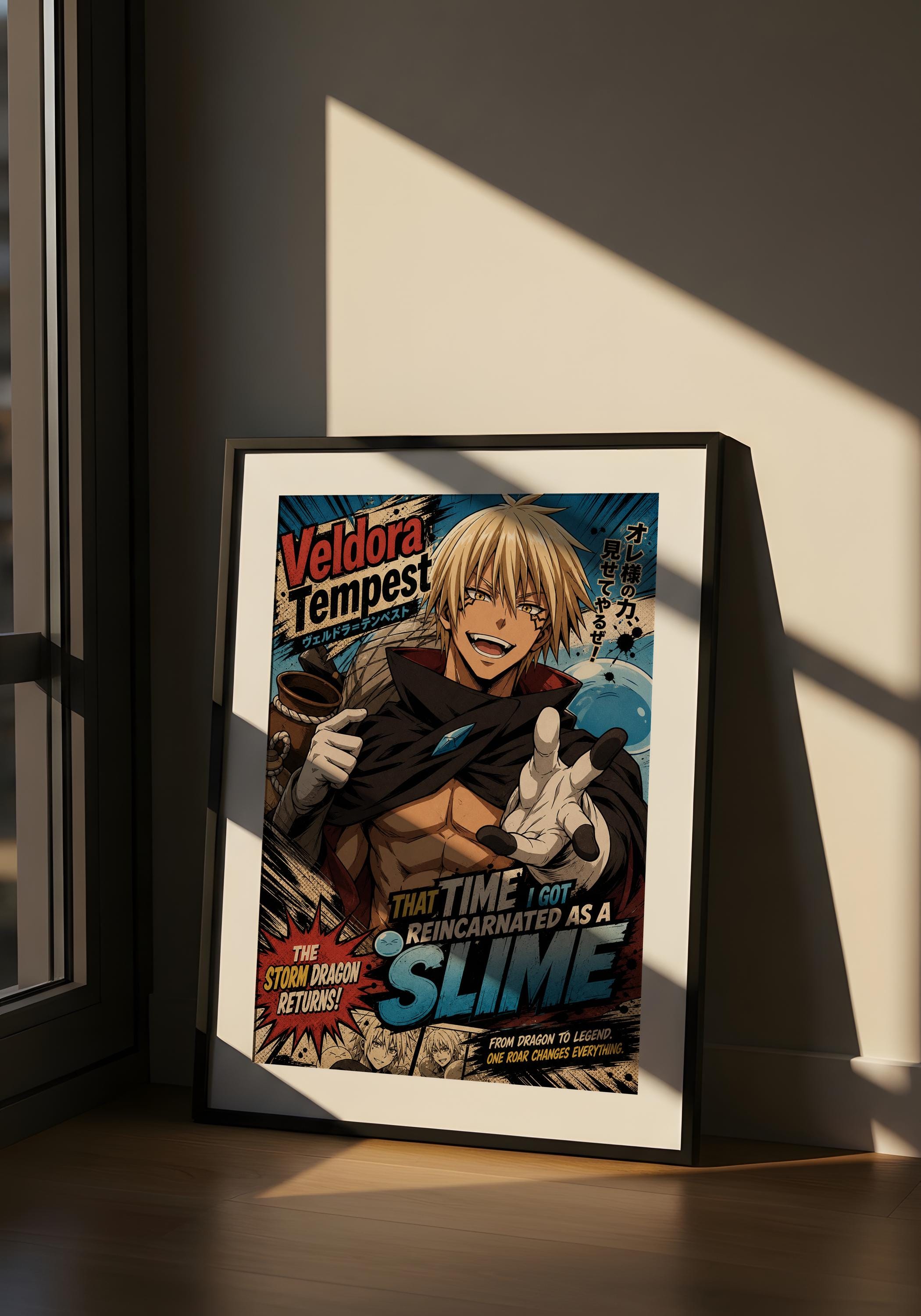 A framed poster featuring an anime-style illustration of a character with blonde hair and a serious expression, standing in a room with a window.