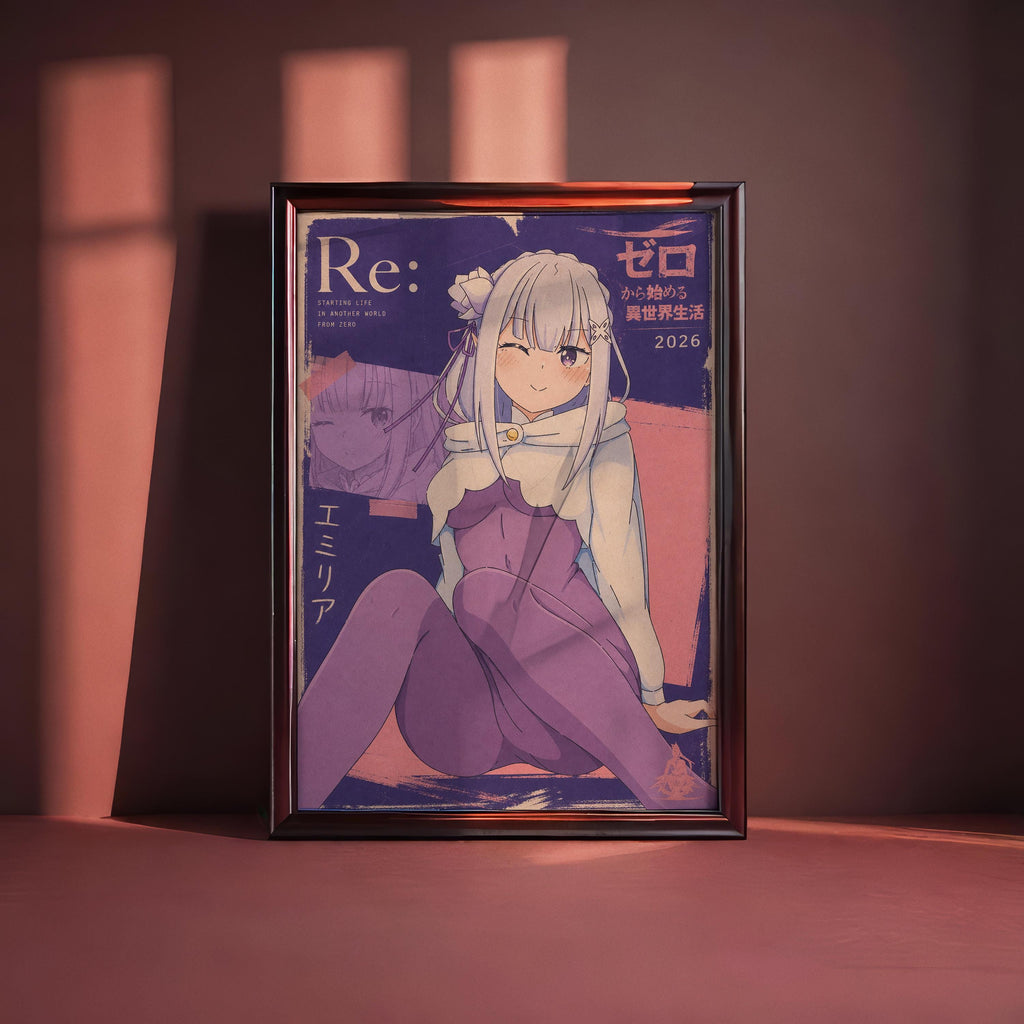 an anime-style illustration of a young woman with long hair, wearing a purple outfit, and sitting on a chair. The image is framed and displayed on a wall, with a pinkish-red background.