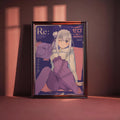 an anime-style illustration of a young woman with long hair, wearing a purple outfit, and sitting on a chair. The image is framed and displayed on a wall, with a pinkish-red background.