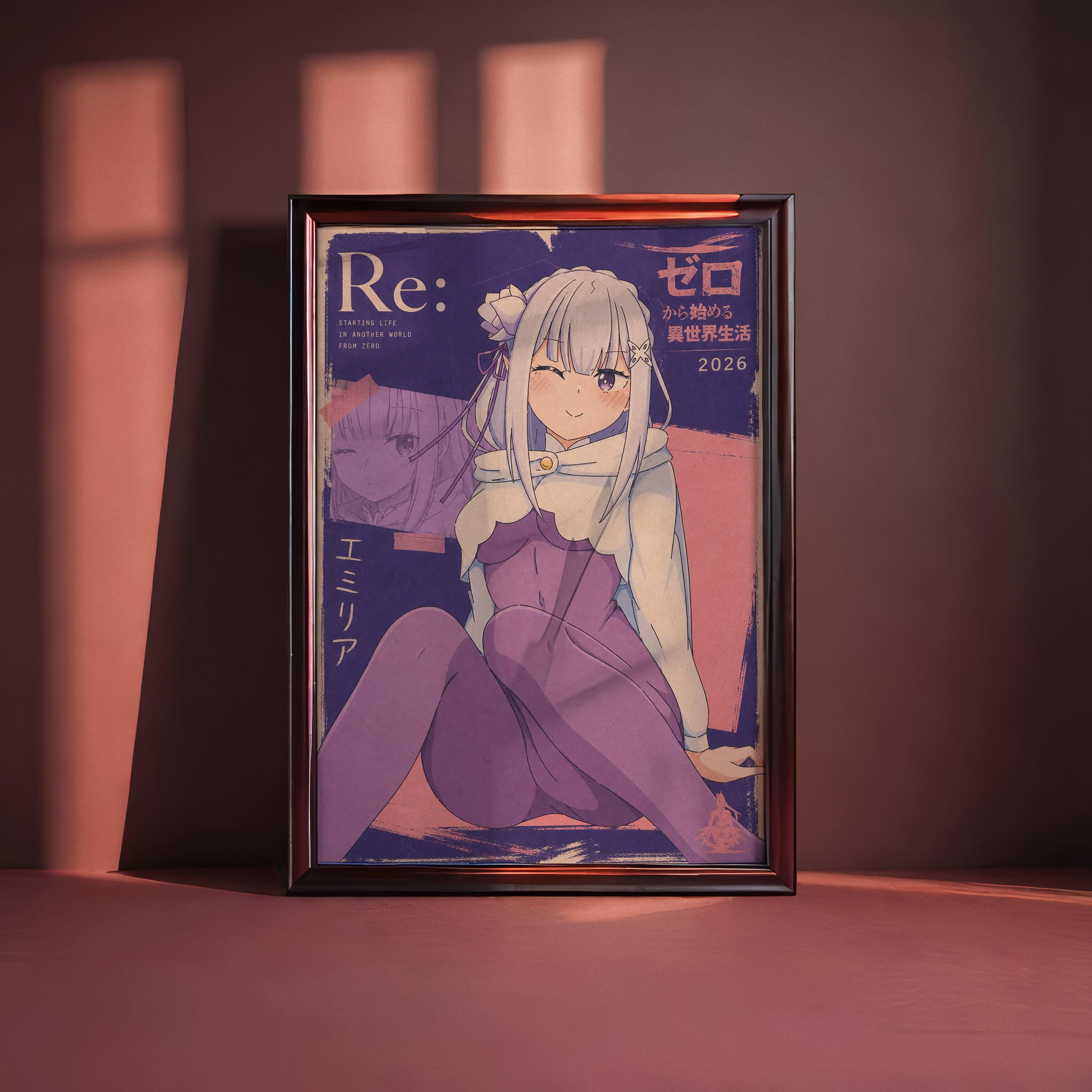 an anime-style illustration of a young woman with long hair, wearing a purple outfit, and sitting on a chair. The image is framed and displayed on a wall, with a pinkish-red background.